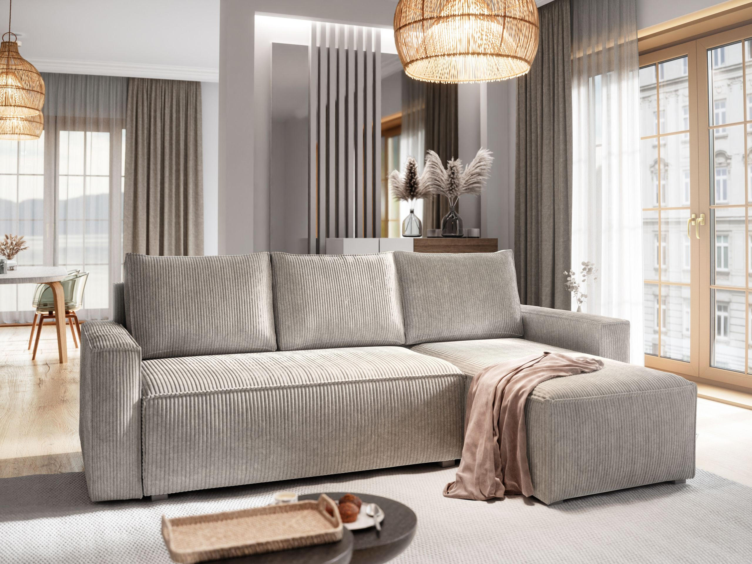 ECKSOFA POTARO Creme Kordstoff mit Schlaffunktion - Creme, Holz (232/140cm) - MASSENO