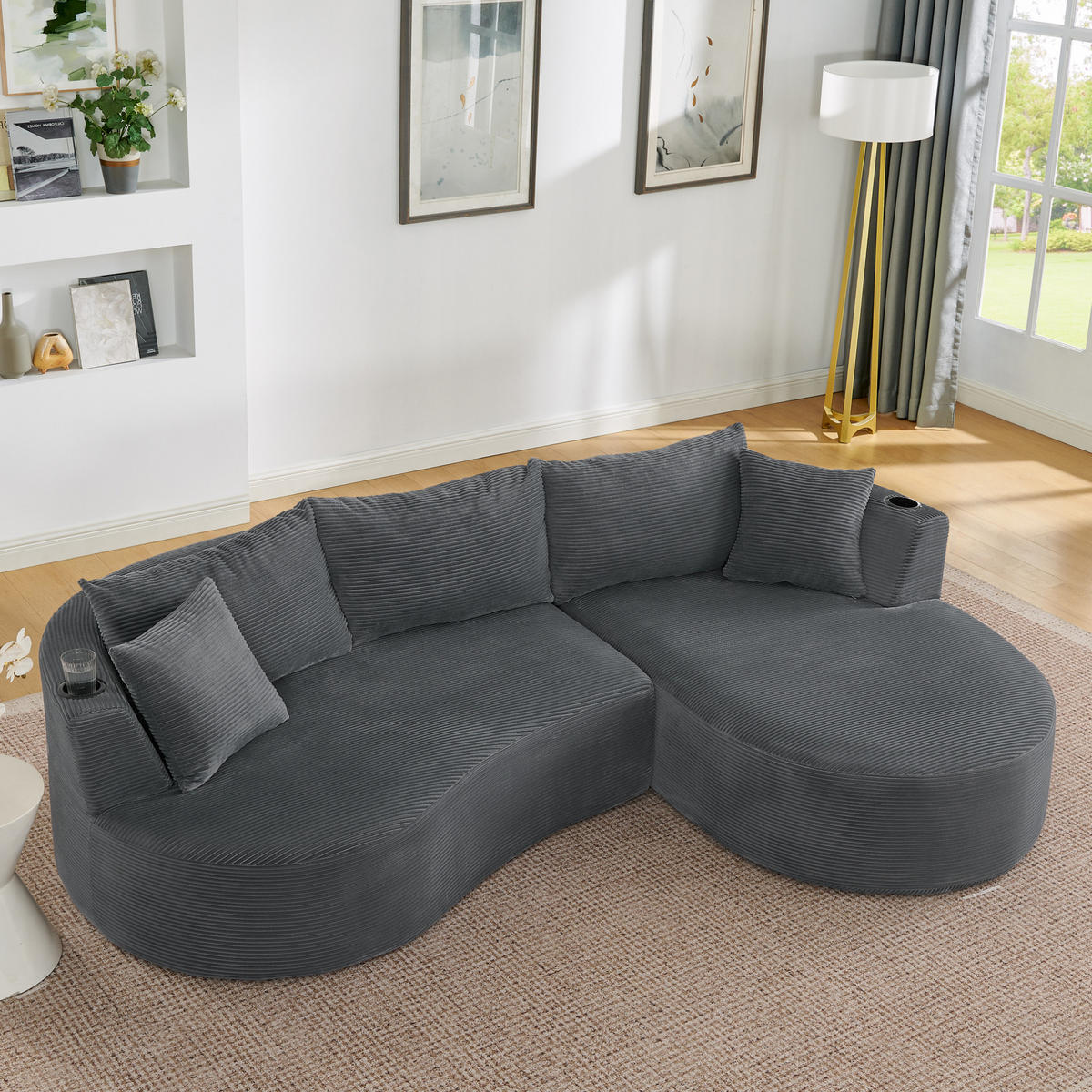 3-SITZER Sofa mit Getränkehaltern, Kissen und weichem Kordstoff, Grau - Grau, Kunststoff (264/76/168cm) - Redom