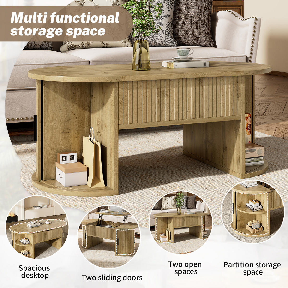 COUCHTISCH 100/50/40,5 cm mit höhenverstellbarer Tischplatte, Schiebetüren und offenen Fächern, Eichefarben - Eichefarben, Holzwerkstoff (100/50/40.5cm) - Redom