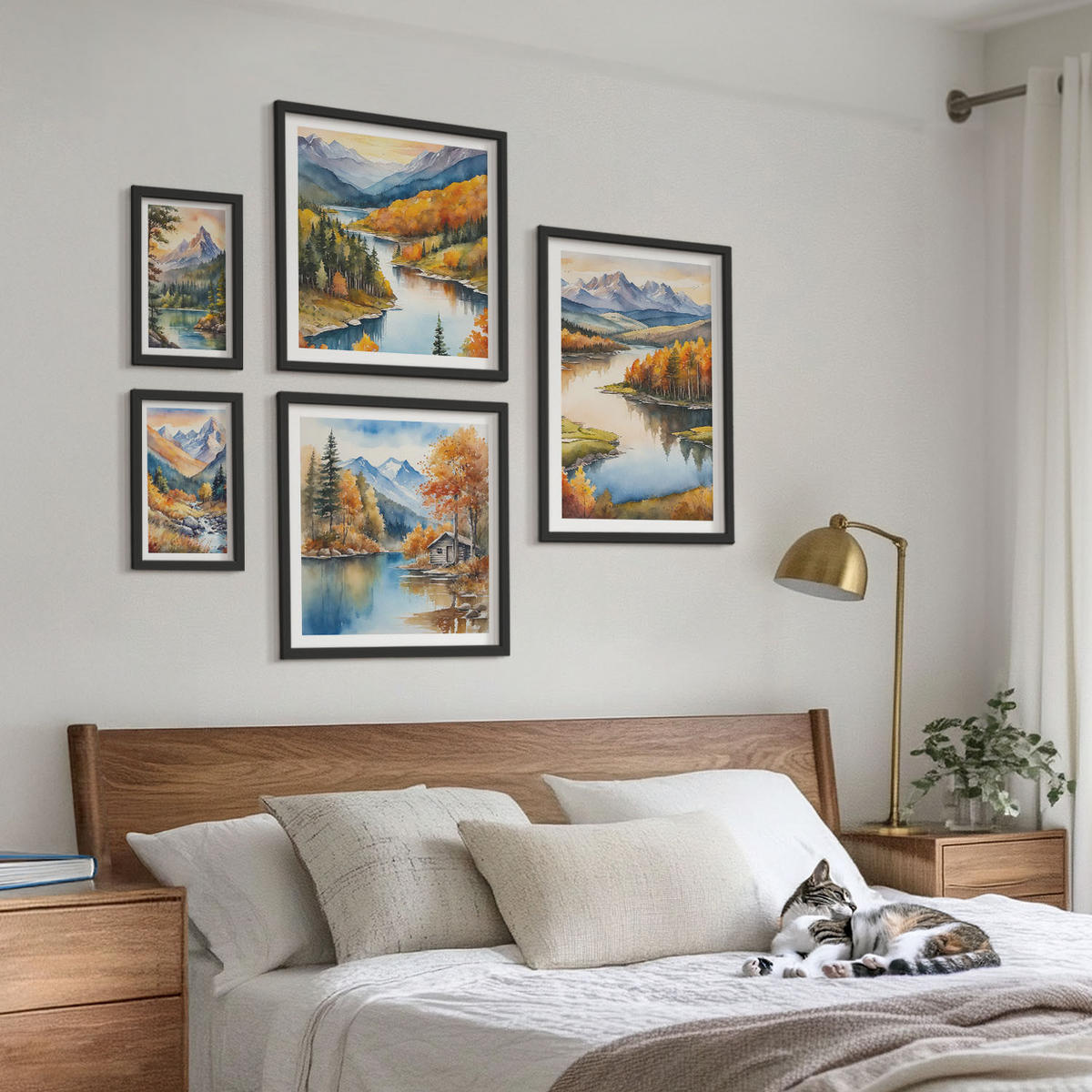 BILDER SET 5er Set - 50x50 cm & 20x30 cm & 40x60 cm Schwarzer Rahmen - Berglandschaft mit einem Fluss - Schwarz, Kunststoff (40/60cm) - TULUP
