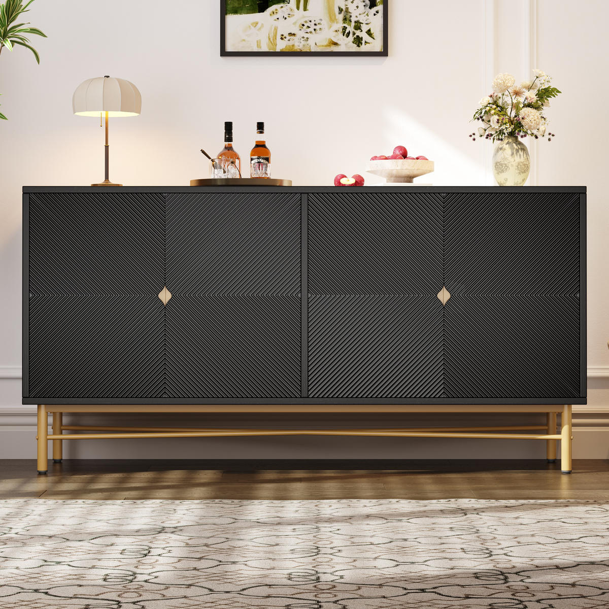 SIDEBOARD Schwarz 4 Türen Gold Griffe Hochglanz 160x40x82cm - Schwarz, Holzwerkstoff (40/82/160cm) - FLIEKS