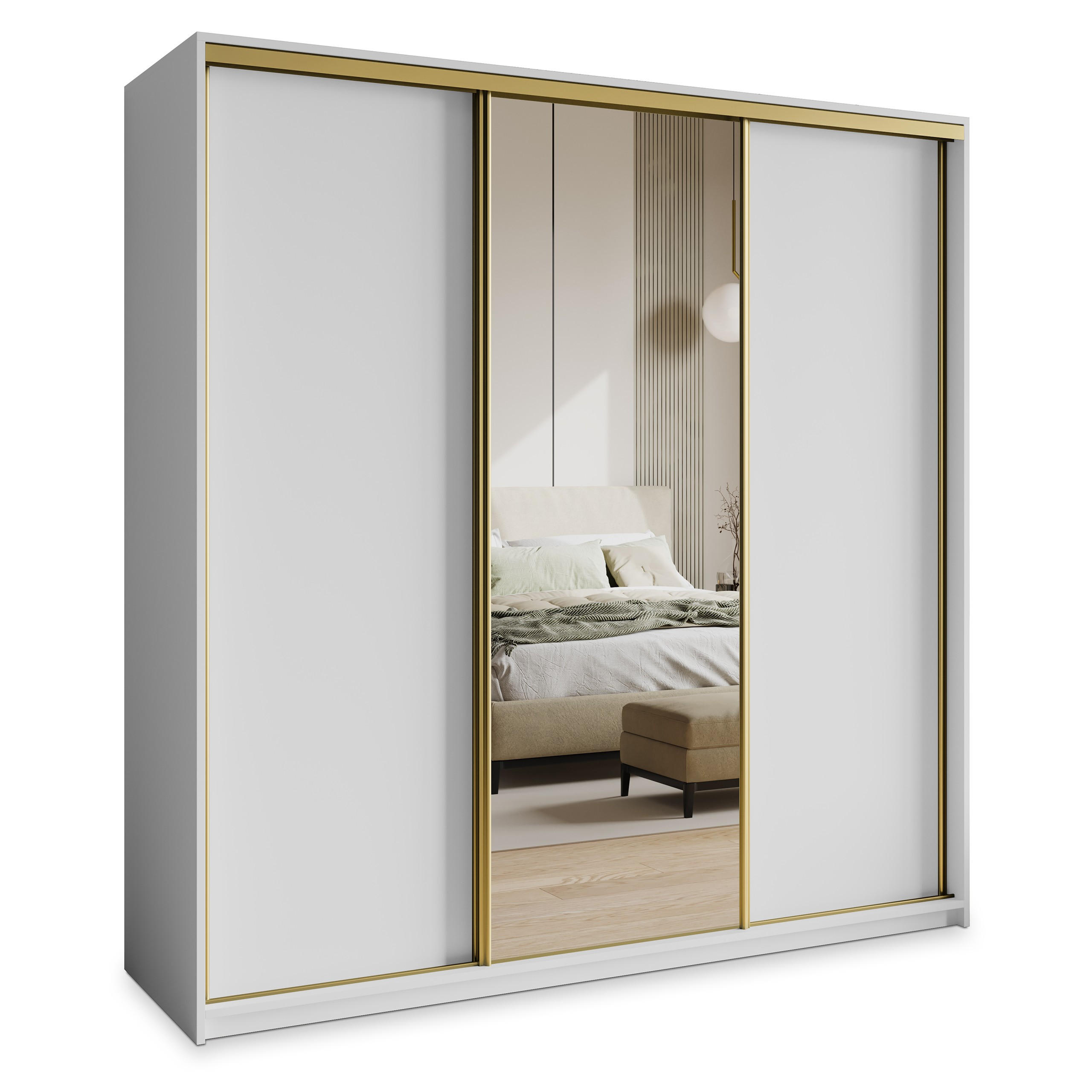 SCHWEBETÜRENSCHRANK TAVI 180/205/60 cm 3-türig mit Spiegel und Schubladen Weiß - Goldfarben/Weiß, Holzwerkstoff (180/205/60cm) - MASSENO