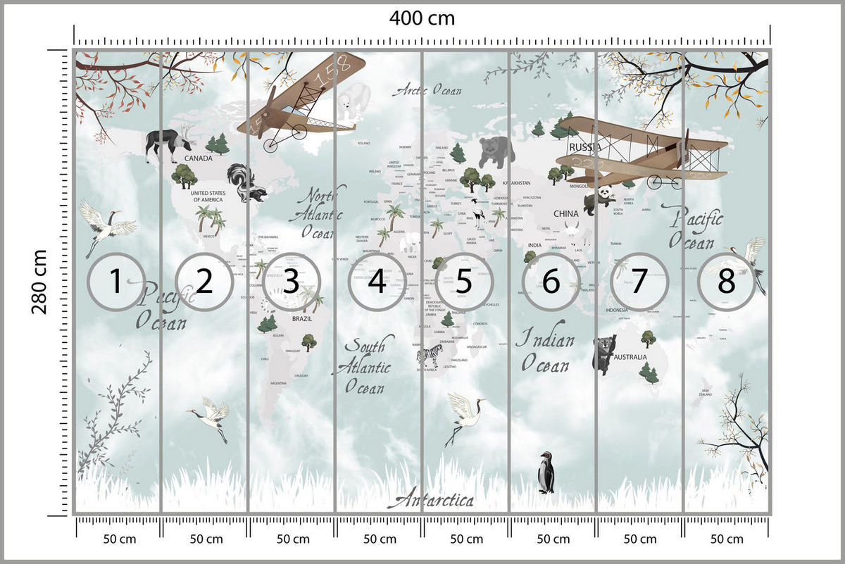 FOTOTAPETE für Kinderzimmer Weltkarte Tiere Flugzeuge Pflanzen 400x280 - Blau/Beige, Papier (400/280cm) - Muralo