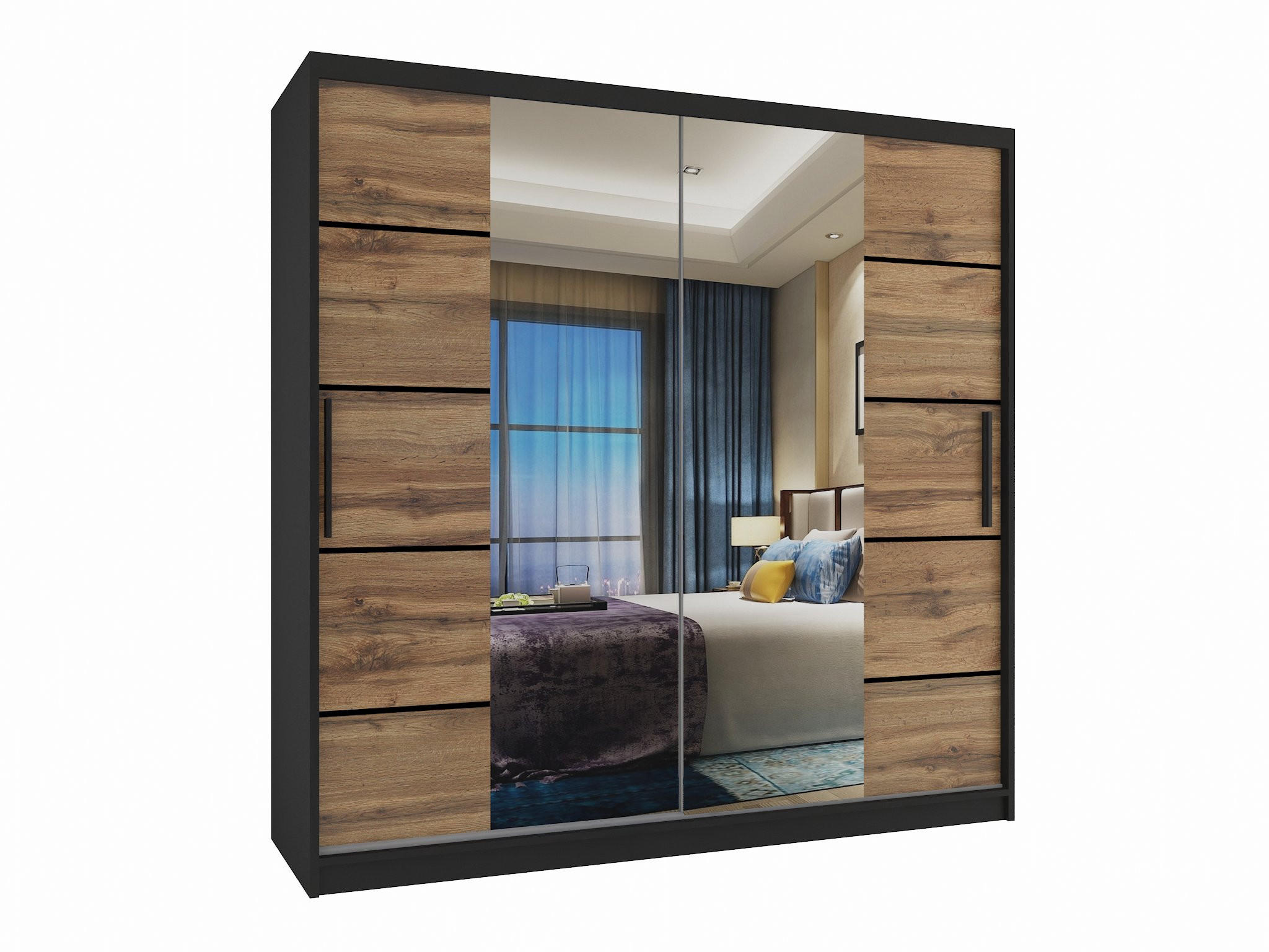 SCHWEBETÜRENSCHRANK Verona ME, Schwarz/Goldbraun Matt, 200 cm, mit Spiegel - Braun, Holz (200/216/60cm) - B BELINI GROUP