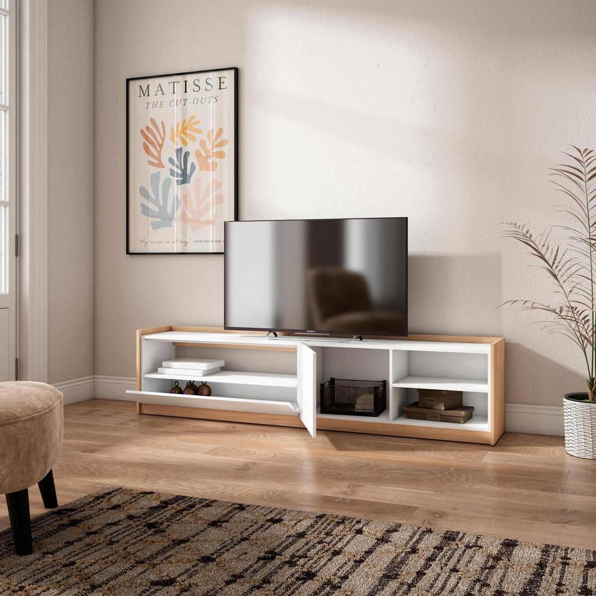 TV-SCHRANK, Lowboard, Weiß und Eiche Soft, 207/37/50cm - Weiß, Holzwerkstoff (207/50/37cm) - Skraut Home