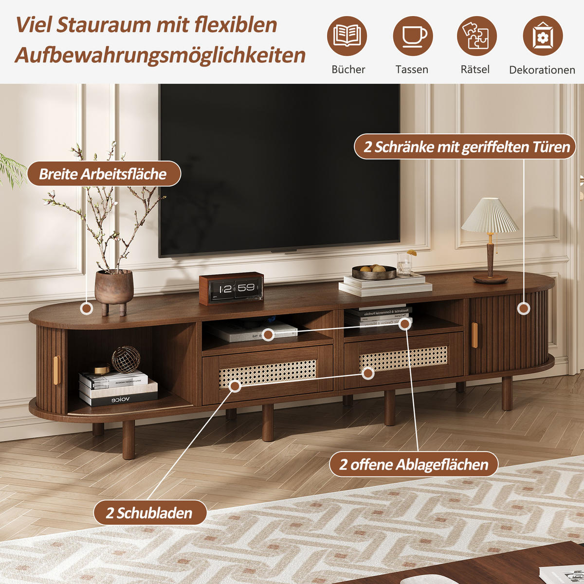 TV-LOWBOARD 170x40x40 cm Nussbaum Rattan 2 Türen 2 Schubladen - Alteiche, Holzwerkstoff (40/40/170cm) - FLIEKS