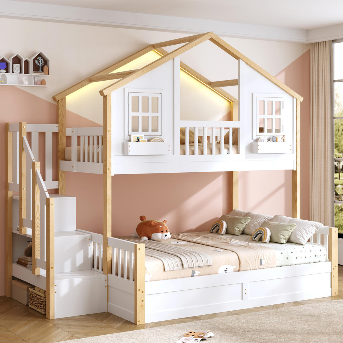 ETAGENBETT 90/200 cm und 140/200 cm Weiß + Naturholz mit LED-Beleuchtung, Treppe mit Stauraum und hydraulischen Staufächern - Weiß, Holz (90/200cm) - Oxeza