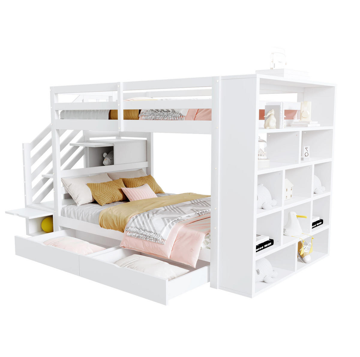 ETAGENBETT aus Kiefernholz 90x200 cm Weiß mit Sicherheitstreppe, Stauraum und Lattenrost - Weiß, Holzwerkstoff (90/200cm) - Modfu