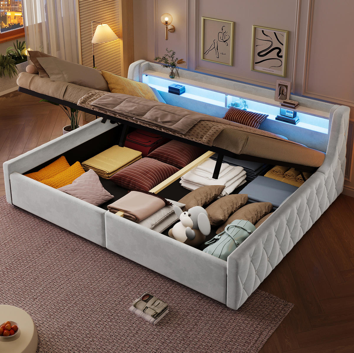 POLSTERBETT 140x200 cm in Offwhite mit LED-Kopfteil und hydraulischem Bettkasten - Creme, Textil (140/200cm) - IVMEU