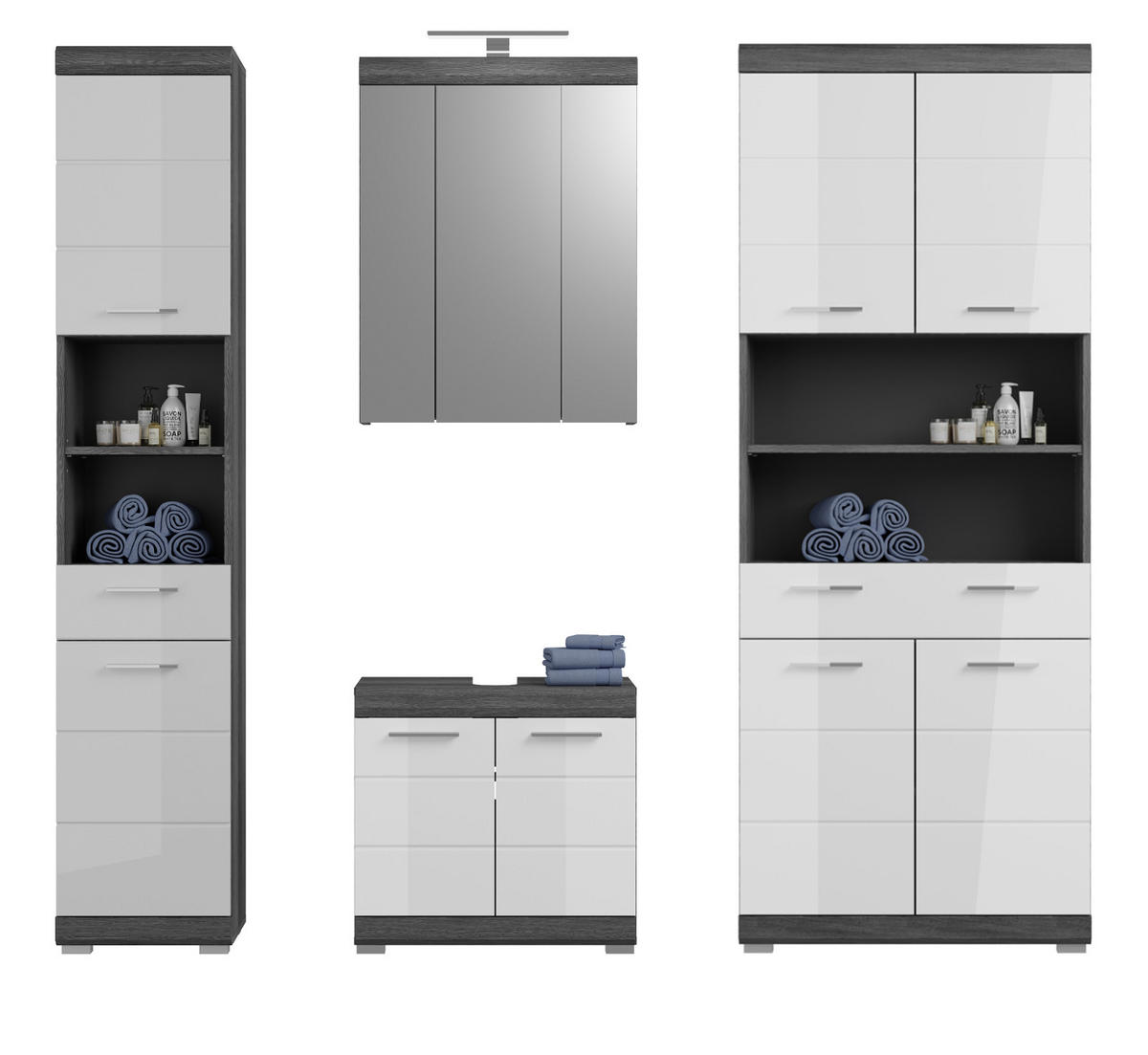 BADMÖBEL-SET weiß Hochglanz, grau 4-teilig 186 cm, Komplettset mit 23 Fächern - Weiß Hochglanz/Grau, Holzwerkstoff (186/191/34cm) - Inn.Furn