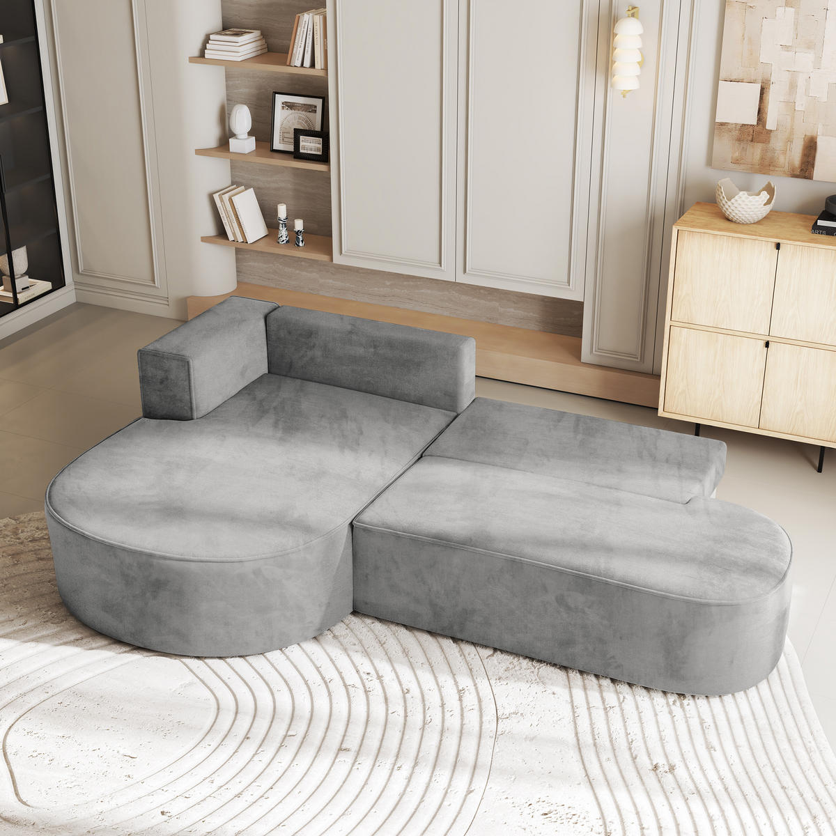 ECKSOFA CORTIO M L-S Hellgrau Velours-Stoff mit Schlaffunktion - Hellgrau, Holz (265/174cm) - MASSENO