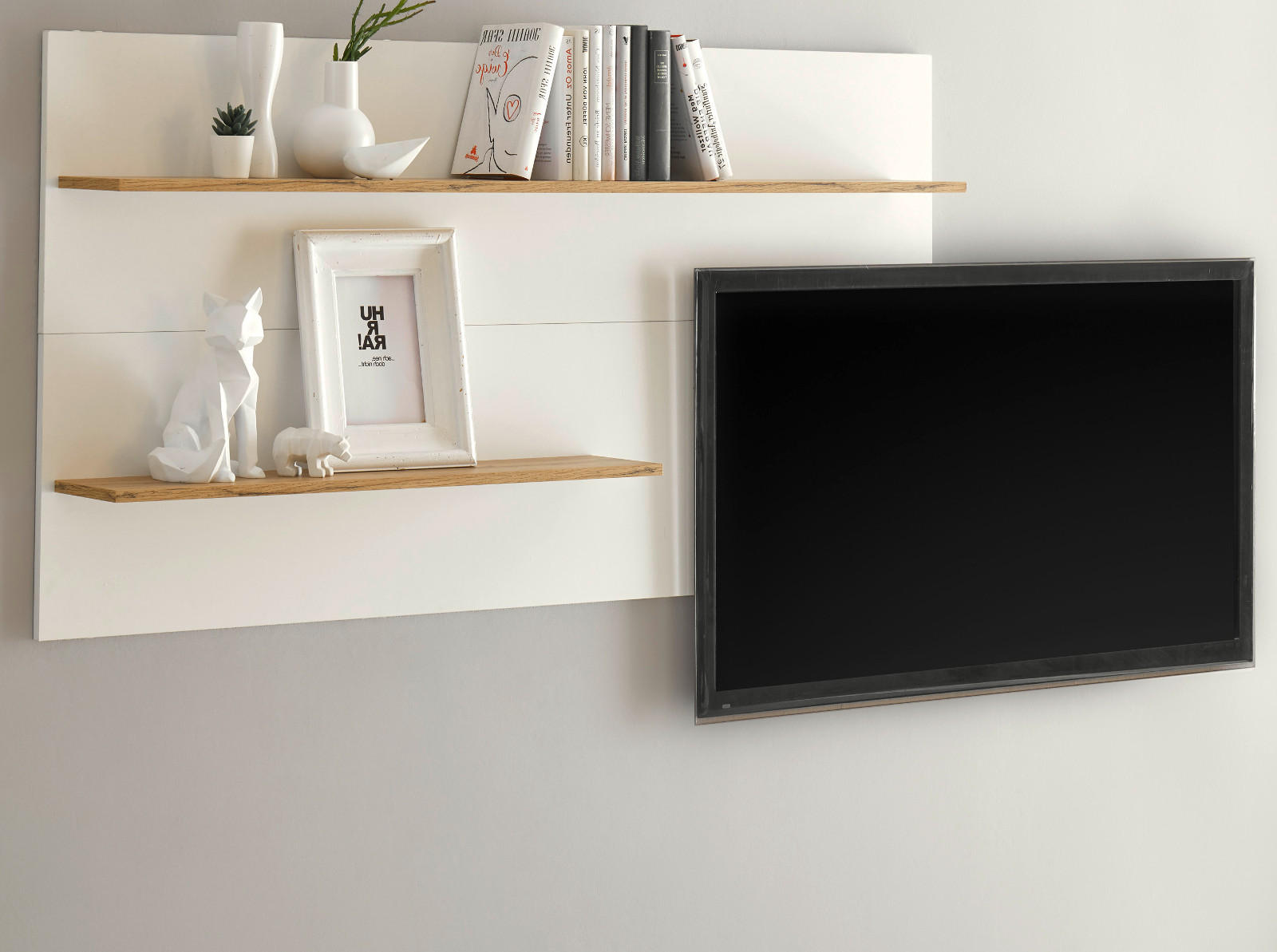 WANDREGAL weiß, Eiche Wotan 155 cm, Wandpaneel mit 2 variablen Regalböden - Eiche Wotan/Weiß, Holzwerkstoff/Metall (155/80/20cm) - Furn.Design
