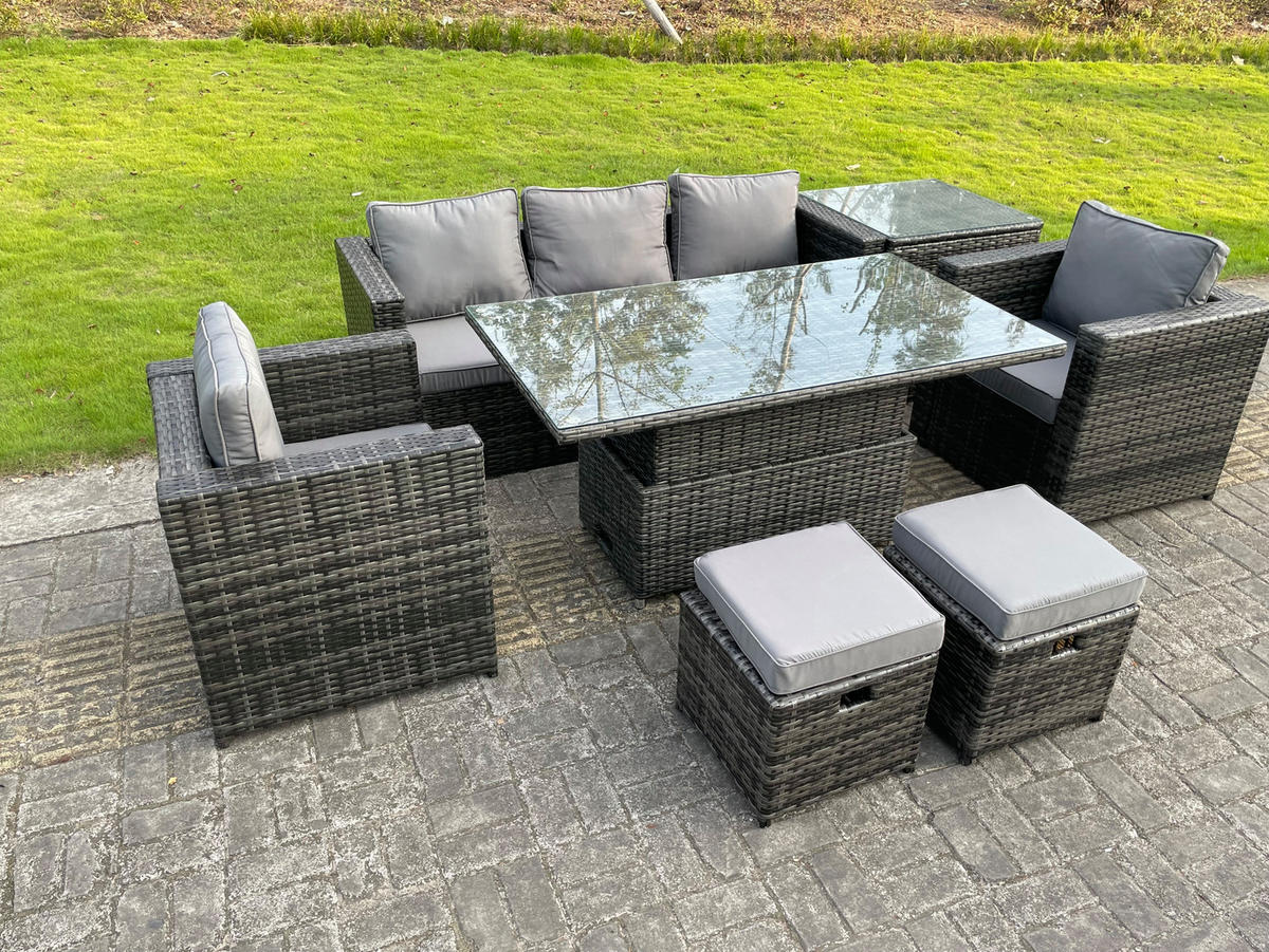 GARTENTISCHGRUPPE Polyrattan 7-Sitzer - Dunkelgrau/Grau, Glas/Kunststoff - Fimous
