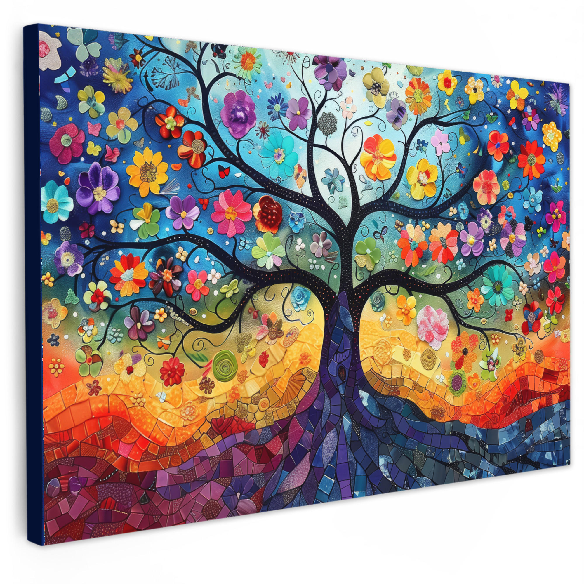 LEINWANDBILD Kunst - Baum des Lebens - Blumen - Hippie Wohnzimmer 120x80 cm - Dunkelblau, Textil (120/80cm) - MuchoWow