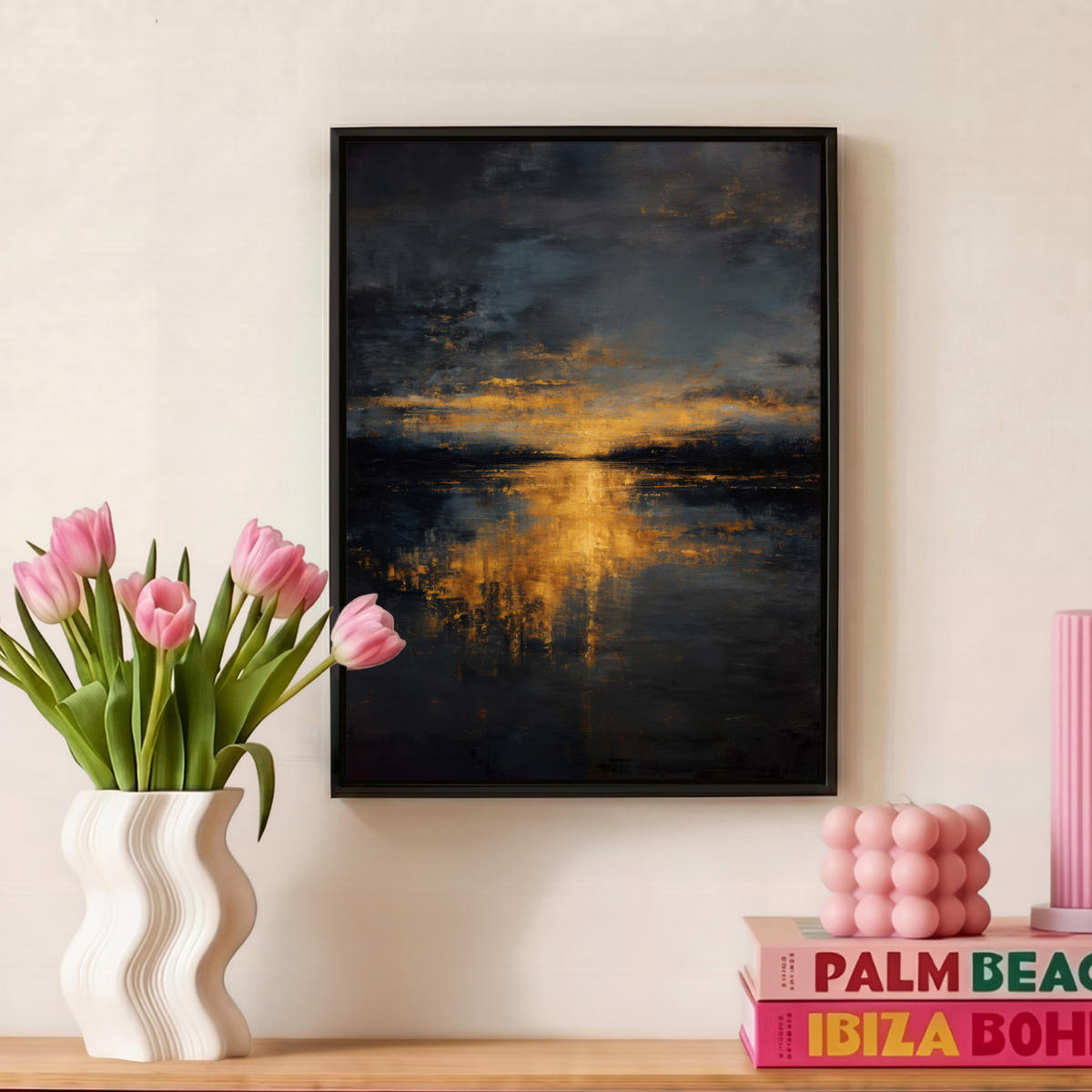 LEINWAND Bilder mit Rahmen - Goldene Reflexion auf dem Wasser - 30x40 - Anthrazit, Textil (30/40cm) - MuchoWow