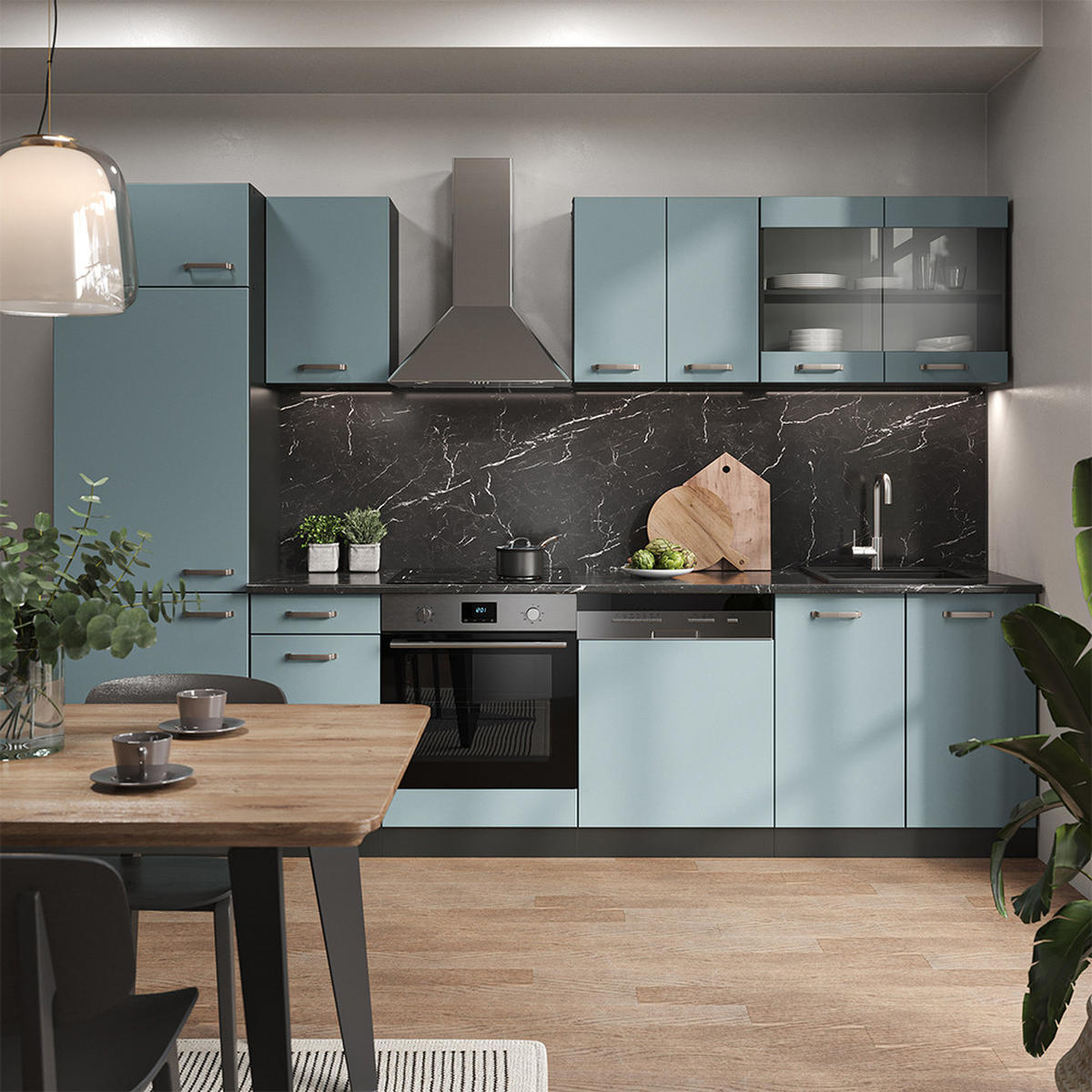 KÜCHENZEILE R-Line Blau-Grau/Anthrazit 300 cm, AP Anthrazit - Anthrazit/Blaugrau, Holzwerkstoff (300/81.6/60cm) - Vicco