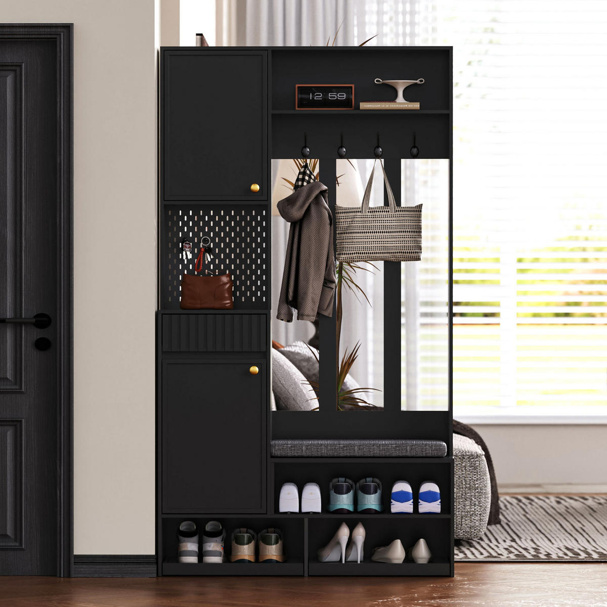 DIELENGARDEROBE mit Sitzbank, 4 Haken und Schubladen in Schwarz, 100/35/180 cm - Schwarz, Holzwerkstoff (100/180/35cm) - BEAOK