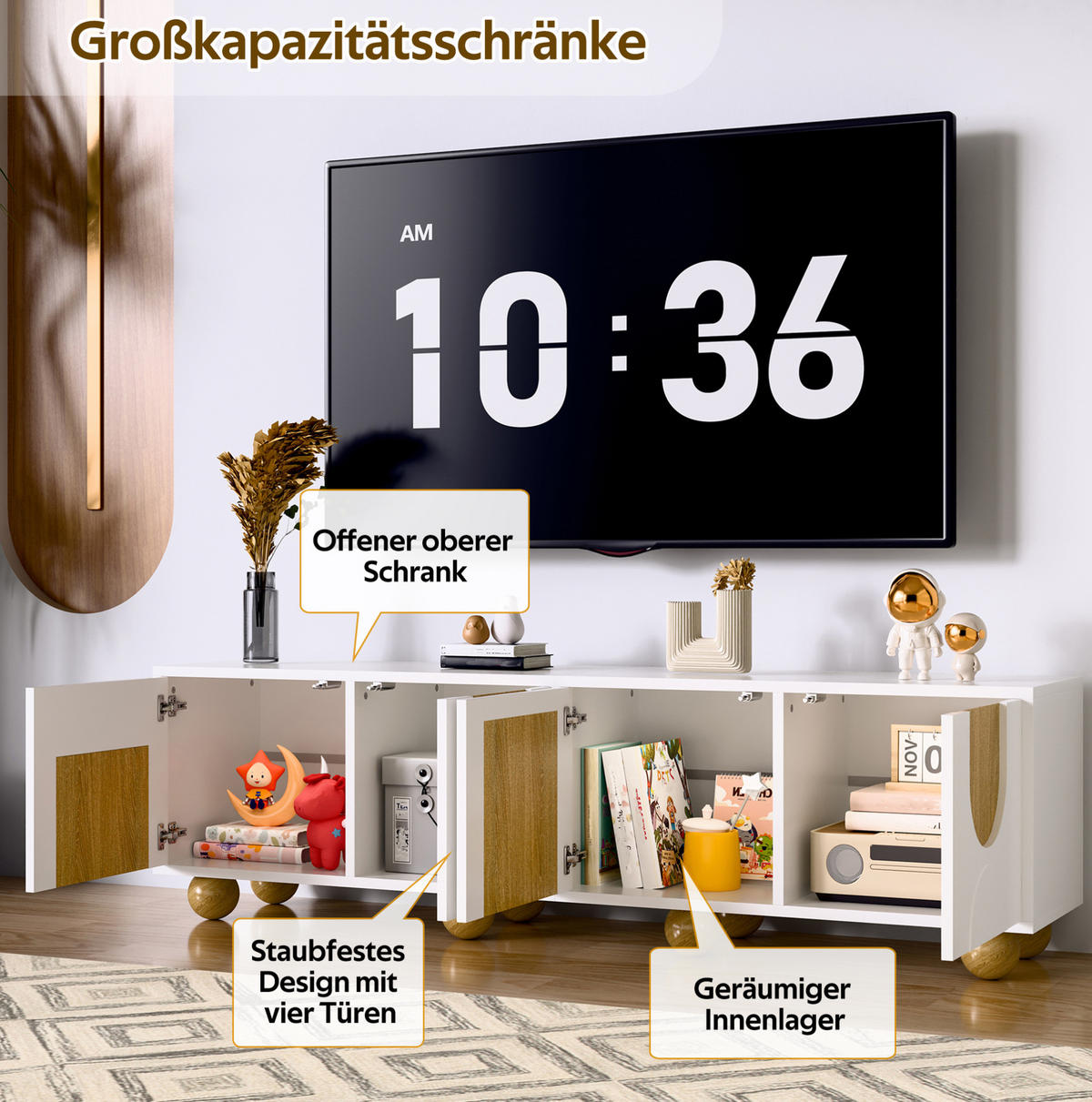LOWBOARD 175/38/50 cm Natur/Weiß aus MDF und PB mit 4 Türen - Hellbraun, Holzwerkstoff (38/50/175cm) - OKMYHOME