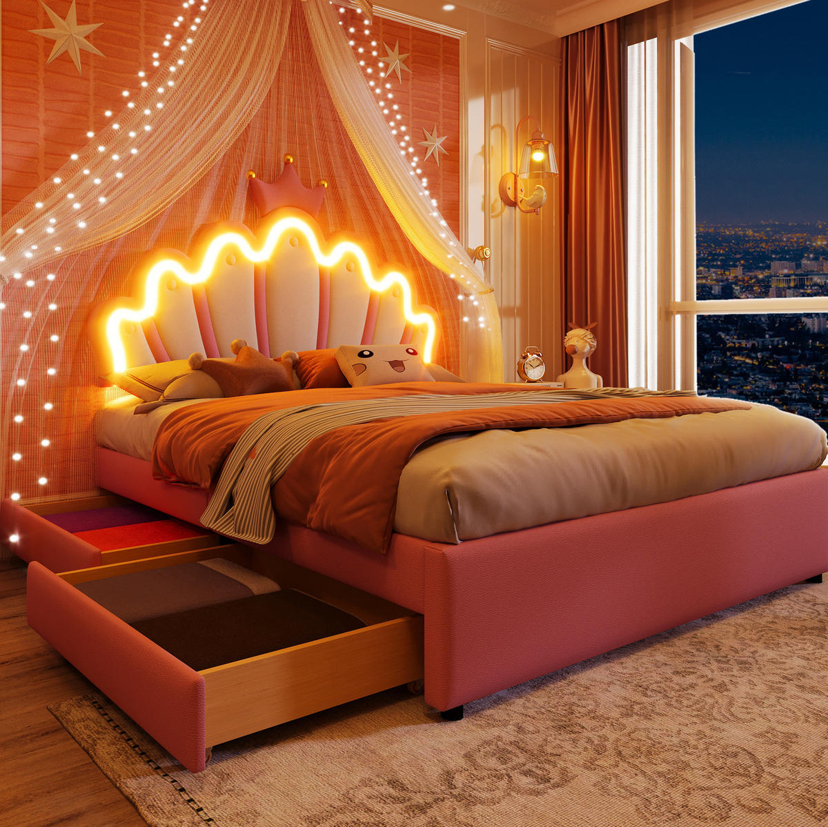 POLSTERBETT aus PU und MDF 140x200 cm Rosa mit verstellbarem Kopfteil, LED-Beleuchtung und 2 Schubladen - Rosa, Kunststoff (140/200cm) - Modfu