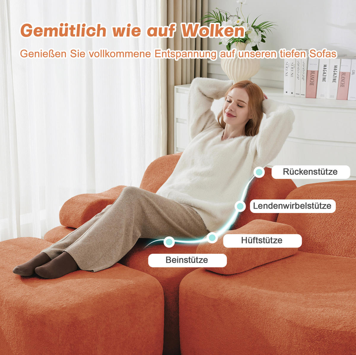 ECKSOFA 384/167/70 cm modular orange aus Samt mit Wellenform und 2 Hockern - Orange, Textil (167/384cm) - OKWISH