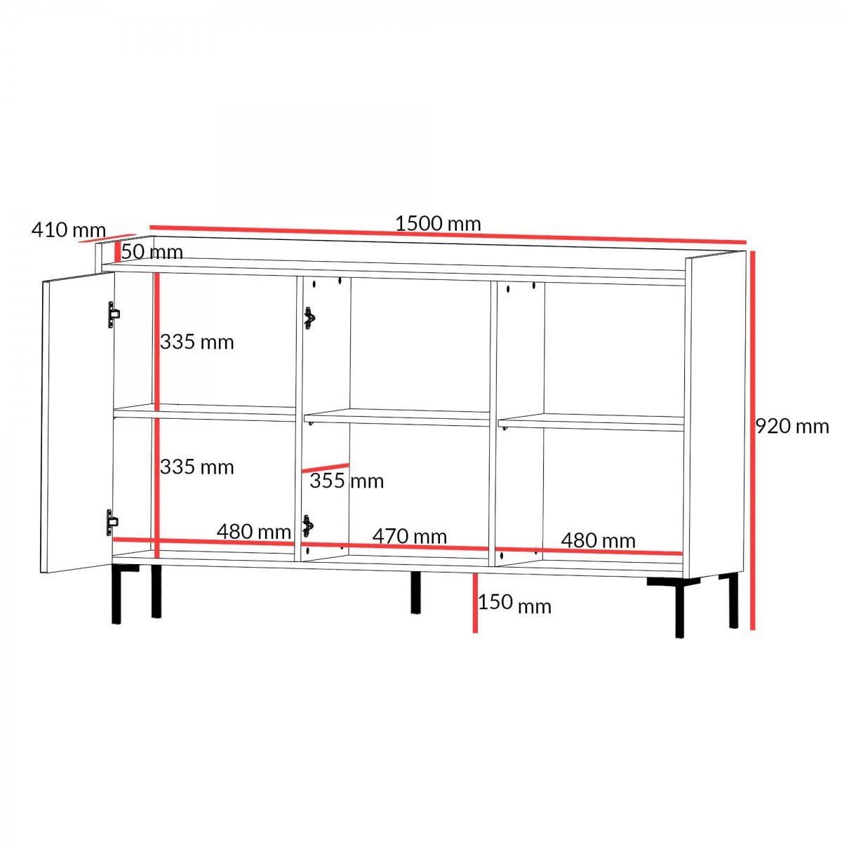 KOMMODE mit Klapptüren Liam 3D 150 Baltic Storm - Walnussfarben/Schwarz, Holzwerkstoff/Metall (150/92/41cm) - mzm24