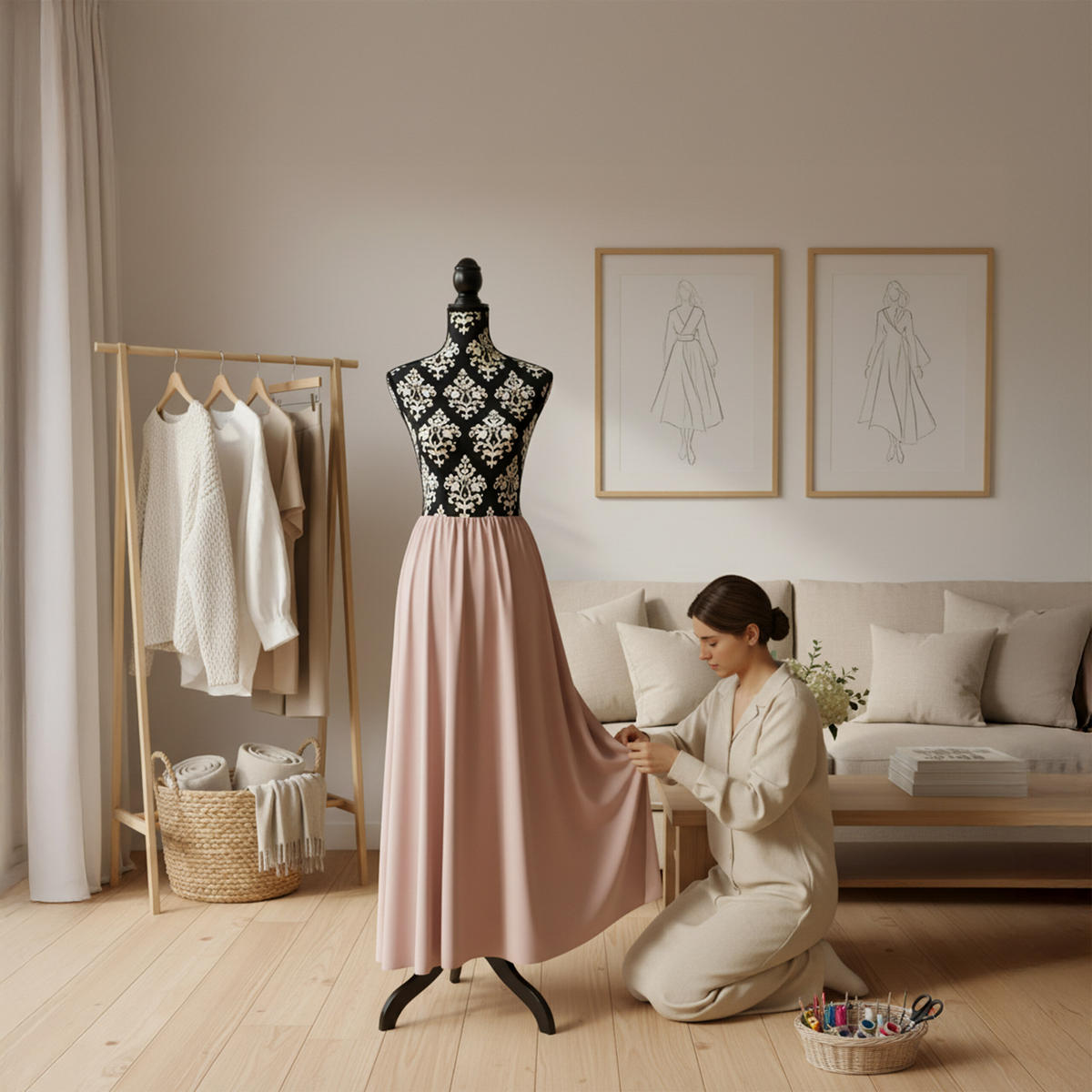 MANEKÝNKA - čierna, drevo/textil (41/167/34cm) - Relaxdays