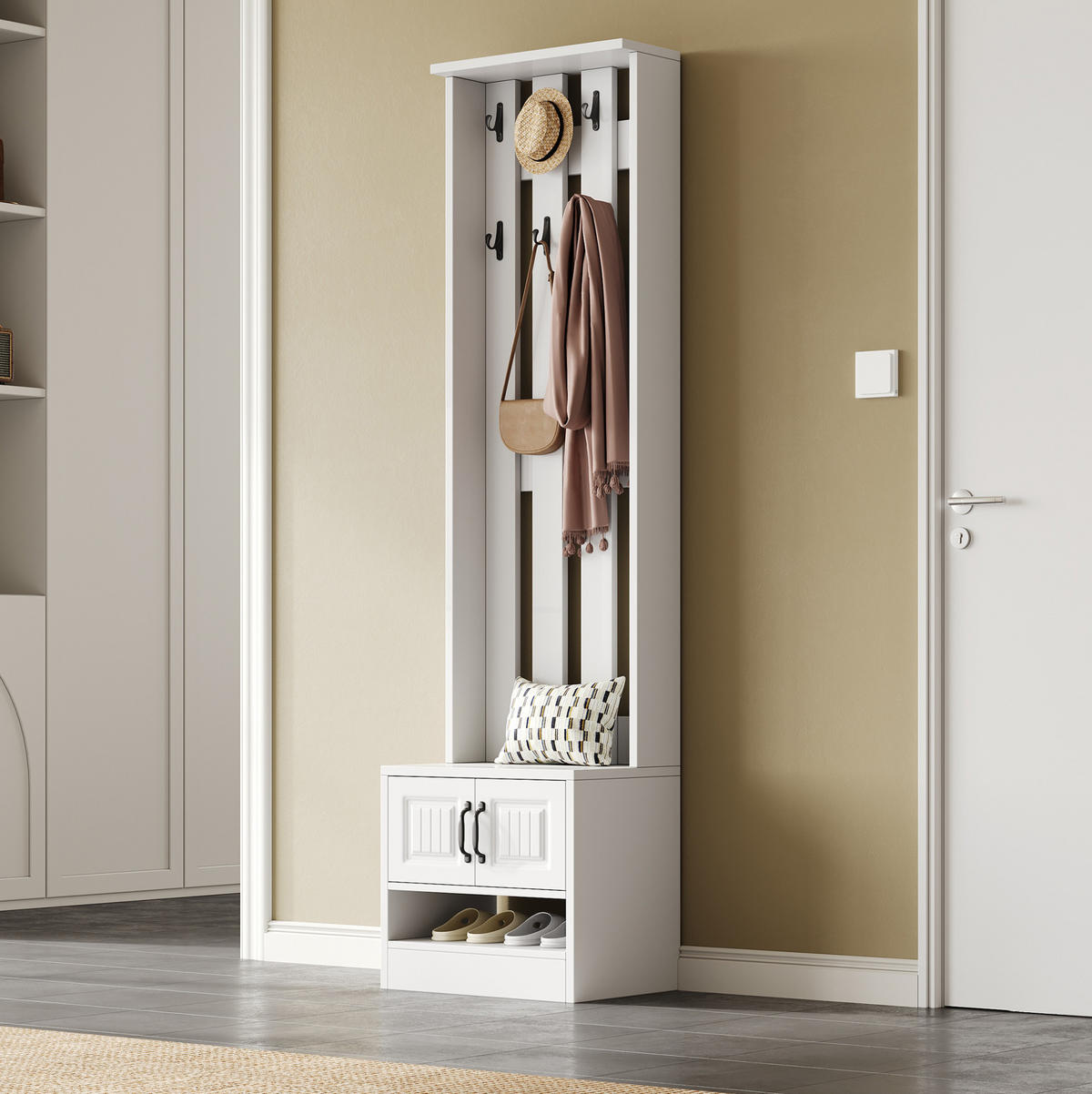 SCHUHSCHRANK 50/190/36 cm Weiß aus Spanplatte mit 2 Türen und 8 Haken - Weiß, Holzwerkstoff (50/190/36cm) - OKMYHOME