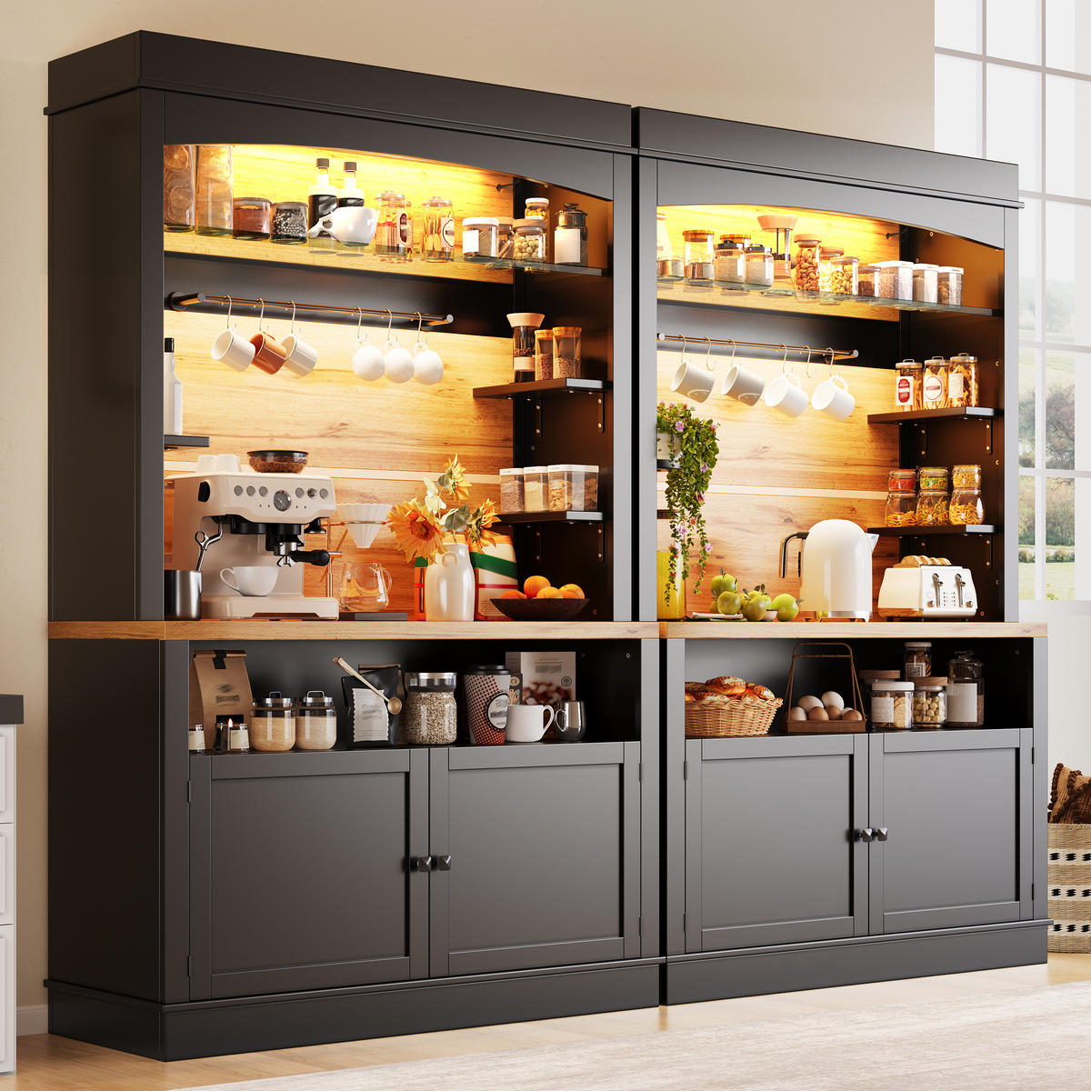 BUFFETSCHRANK Kombi Schwarz 107/43/184 cm 2er-Set - Schwarz, Holz (107/184/43cm) - PANGIVO