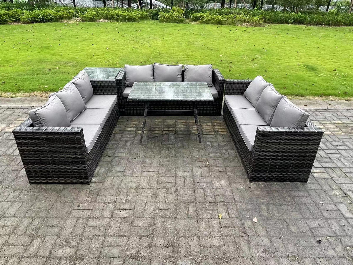 GARTENMÖBELSET mit Esstisch Beistelltisch 9-Sitzer Grau - Dunkelgrau/Grau, Glas/Kunststoff - Fimous
