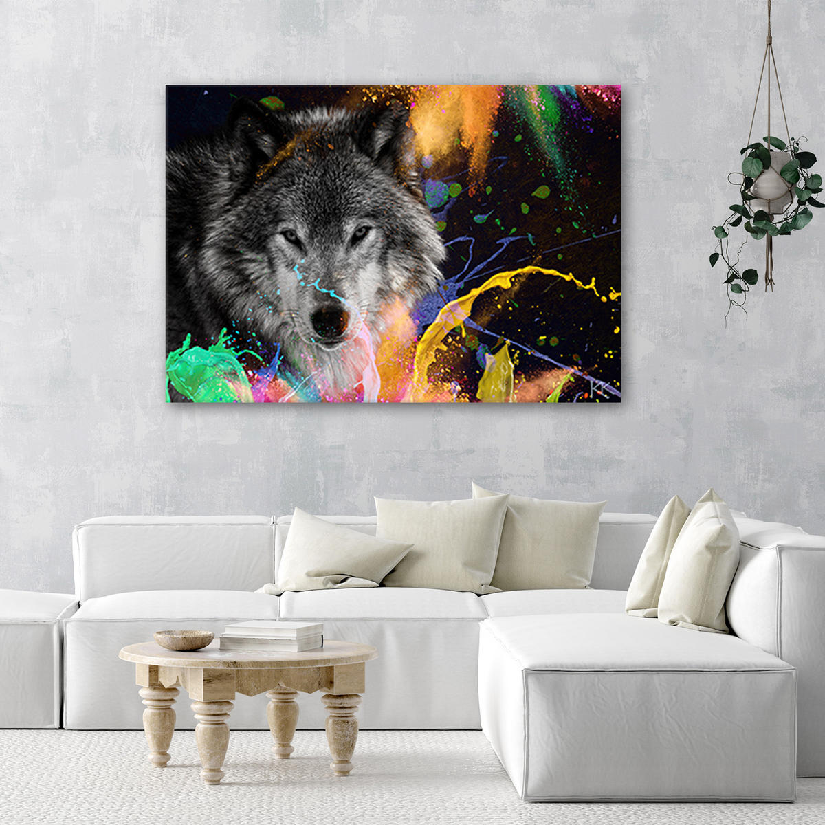 WANDBILD wolf auf farbenfrohen hintergrund - Multicolor, Textil (60/40cm) - Feeby