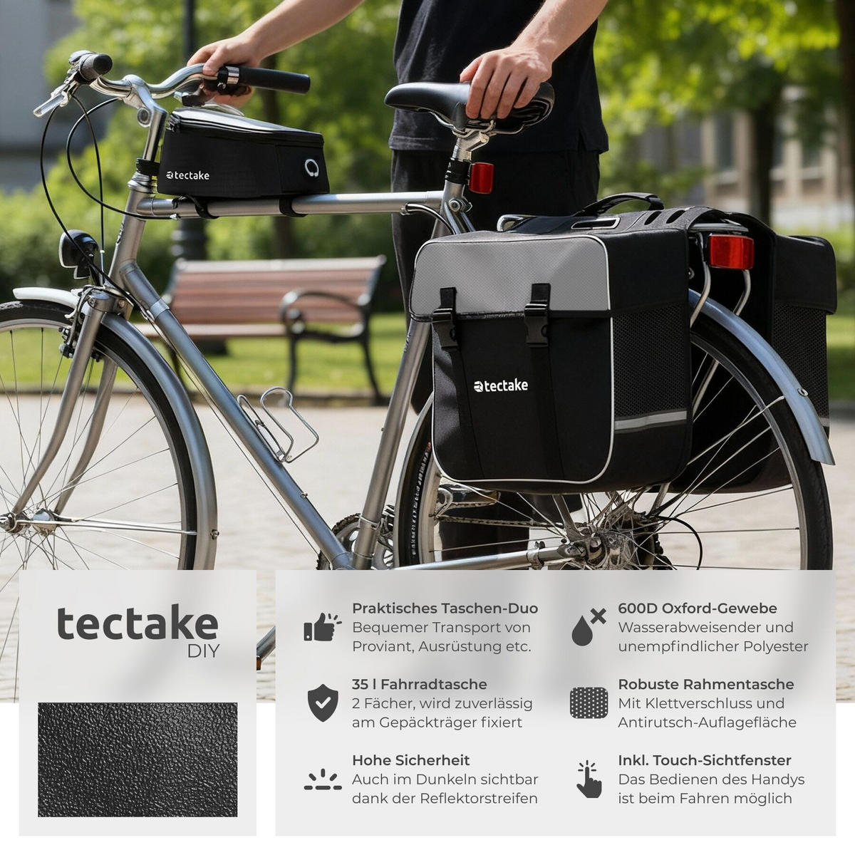 FAHRRADTASCHE Georg mit Fahrradrahmentasche, wasserabweisend und robust, schwarz - Schwarz, Textil (8.5/8.5/18cm) - tectake