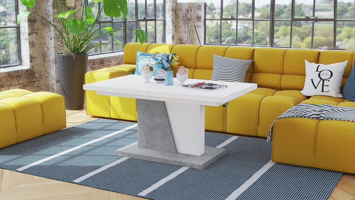 COUCHTISCH rechteckig Weiß matt - Beton ausziehbar höhenverstellbar - Hellgrau/Weiß, Holzwerkstoff (70/120/60cm) - designimpex