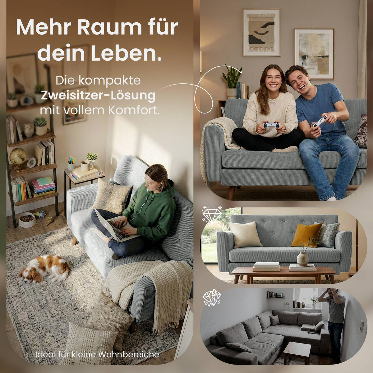 SOFA 120/74 cm Cord Grau - Braun/Grau, Holz/Textil (120/81/74cm) - CLP