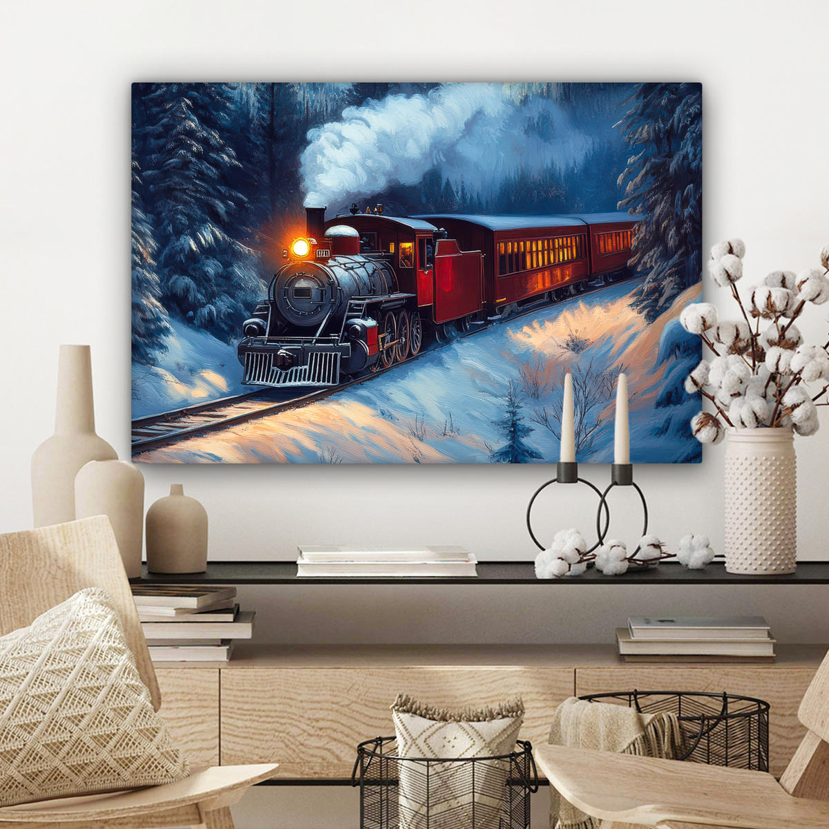 LEINWANDBILD Zug - Weihnachten - Schnee - Weihnachtszug Gemälde 60x40 cm - Anthrazit, Textil (60/40cm) - MuchoWow