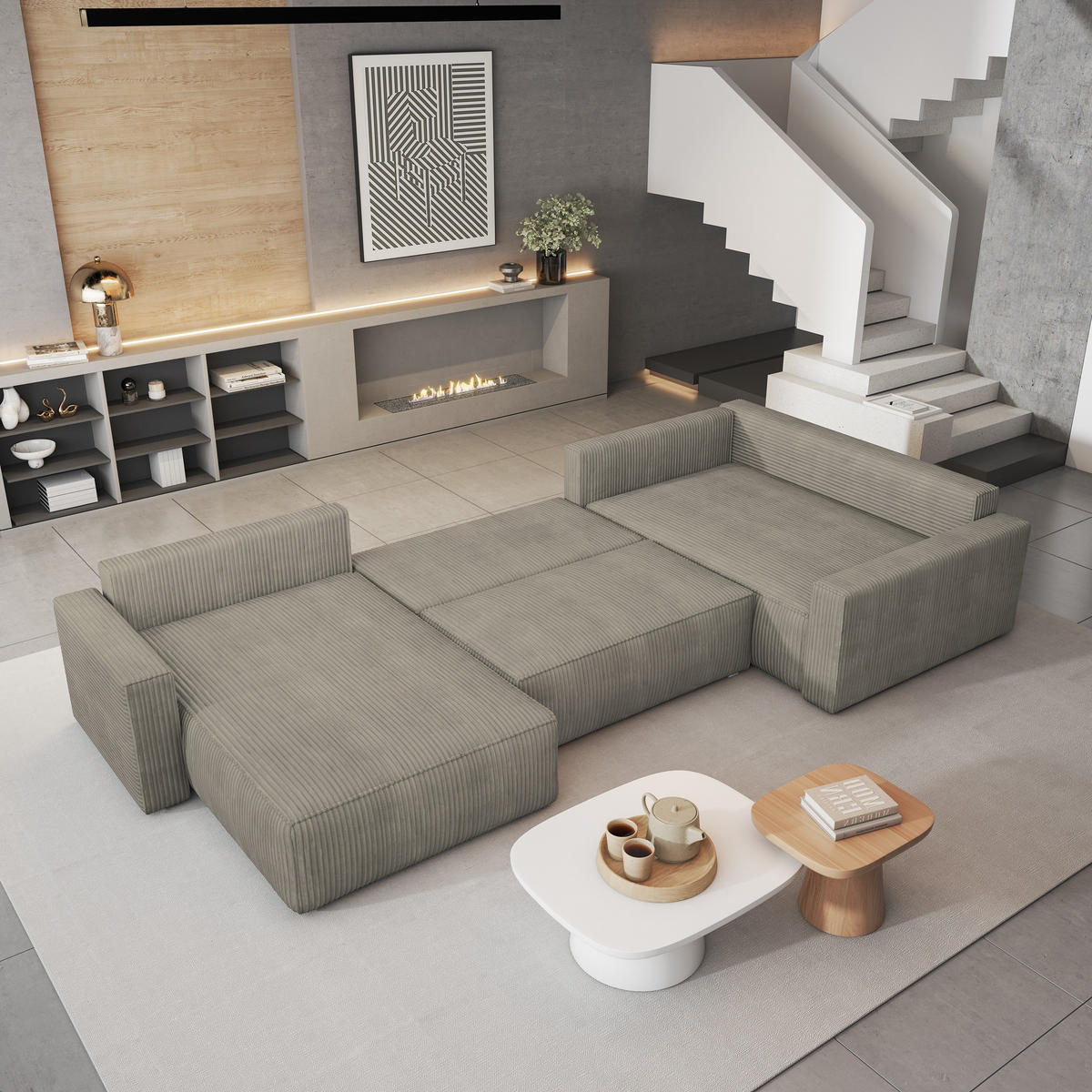 WOHNLANDSCHAFT VELAMI R-S Beige Kordstoff mit Schlaffunktion - Beige, Holz (365/83/194cm) - MASSENO