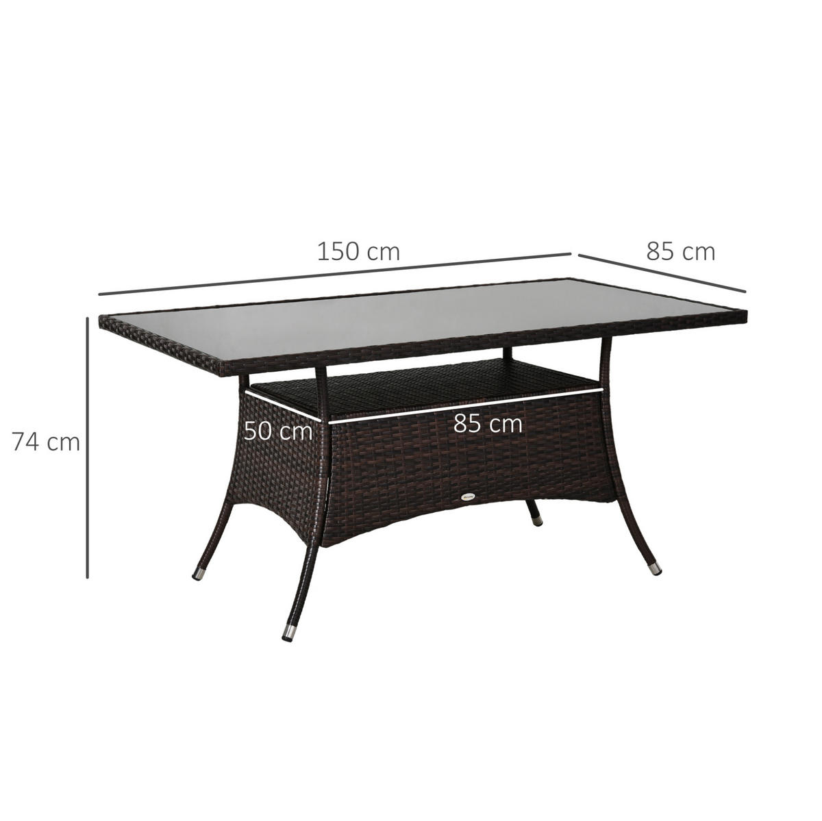 GARTENTISCH 150/85/74 cm mit Sicherheitsglasplatte, wetterfestem Polyrattan und Metallgestell, Braun - Braun, Metall (150/85/74cm) - Redom