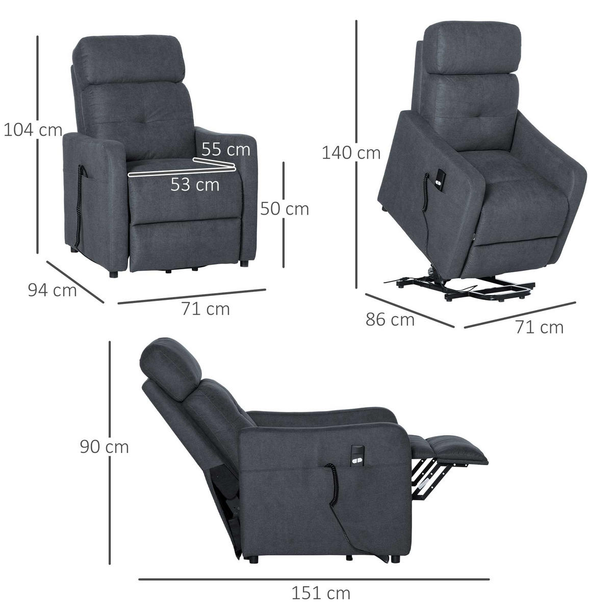SESSEL mit Aufstehhilfe, Polyester, Grau - Grau, Kunststoff (94/104/71cm) - HOMCOM