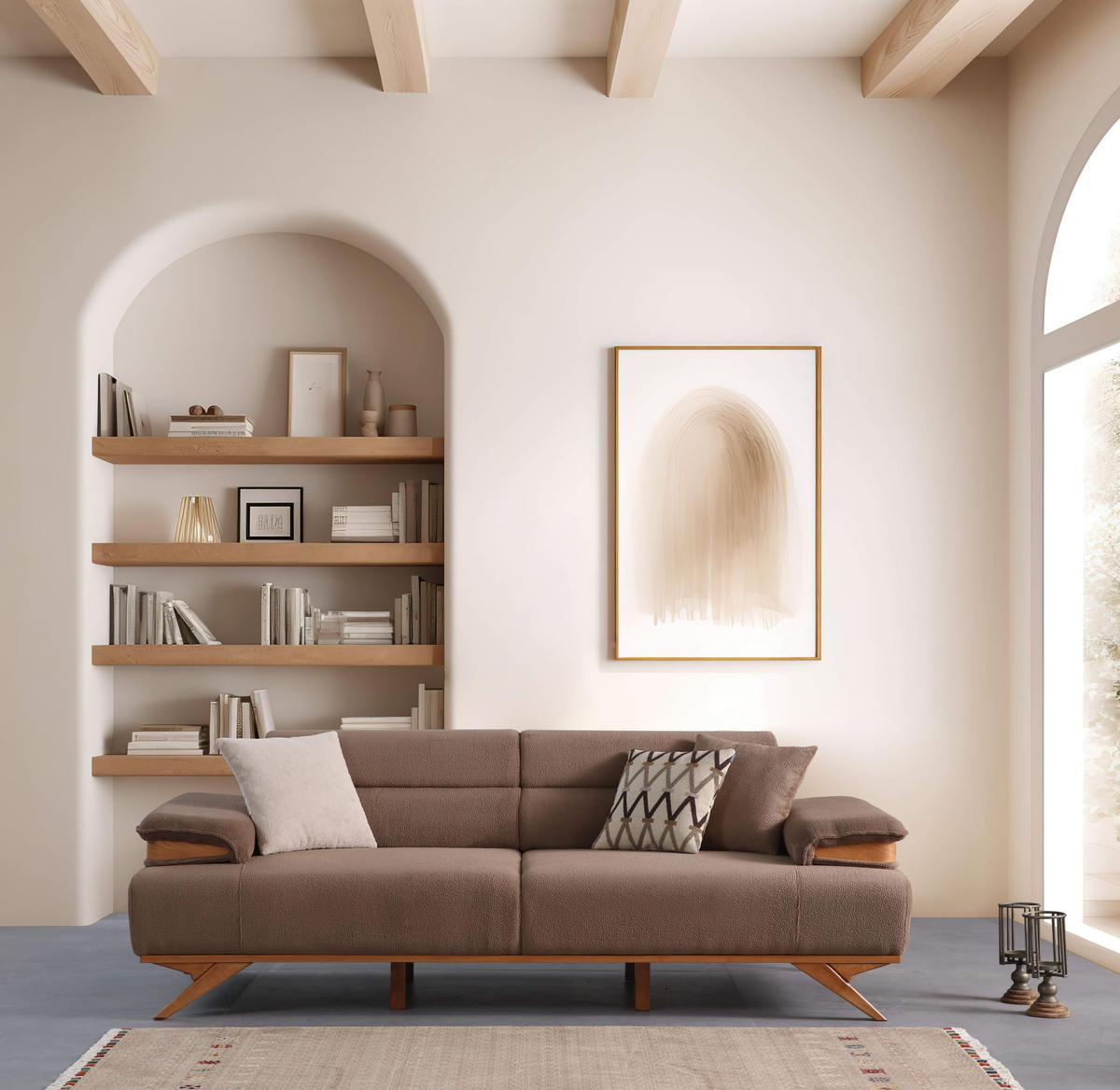 SOFA Grande 3-Sitzer Bouclé Braun - Braun, Holz/Textil (235/85/103cm)