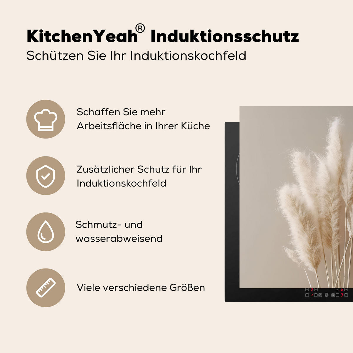 HERDABDECKPLATTE Pampasgras - Federn - Pastell - Weiß Induktionsmatte 78x78 cm - Creme, Kunststoff (78/78/0.2cm) - MuchoWow