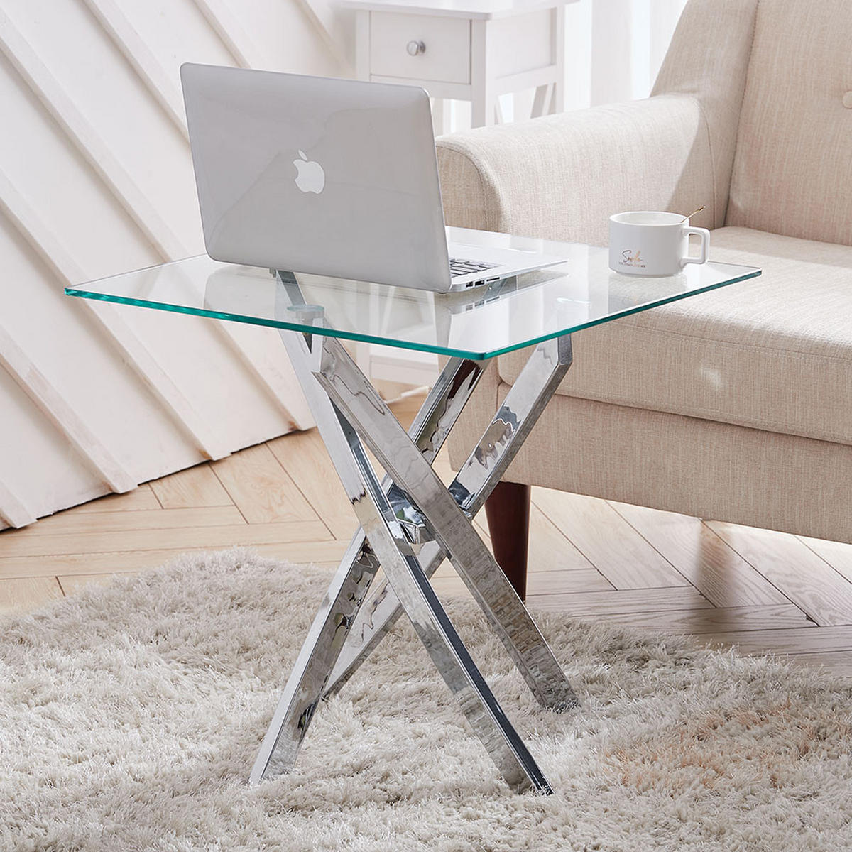 BEISTELLTISCH aus Glas mit Metalbeine Quadratisch Langfristige Nutzung Schnelle Montage Leicht zu reinigen 55 x 55 x 55 cm - Chromfarben/Transparent, Glas/Metall (55/55/55cm) - Livingandhome