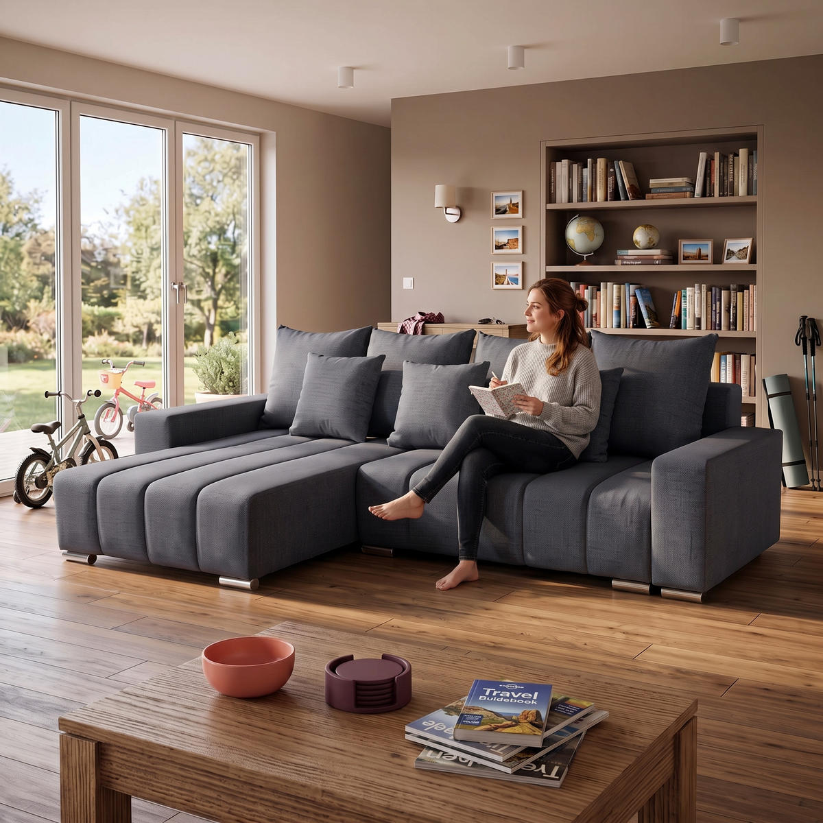 ECKSOFA Piano L Links mit Schlaffunktion 137x234 Velours Dunkelgrau - Dunkelgrau/Silberfarben, Holz/Textil (278/178cm) - NACANAPA