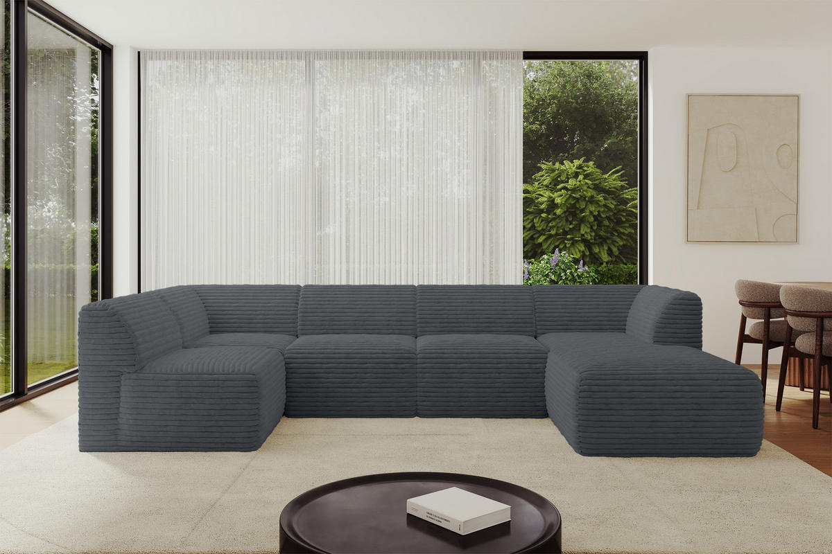 WOHNLANDSCHAFT Ottomane Rechts MOVO-L 345x180x78 cm Dunkelgrau Cord - Alufarben, Holzwerkstoff/Kunststoff (180/78/345cm) - ALTDECOR