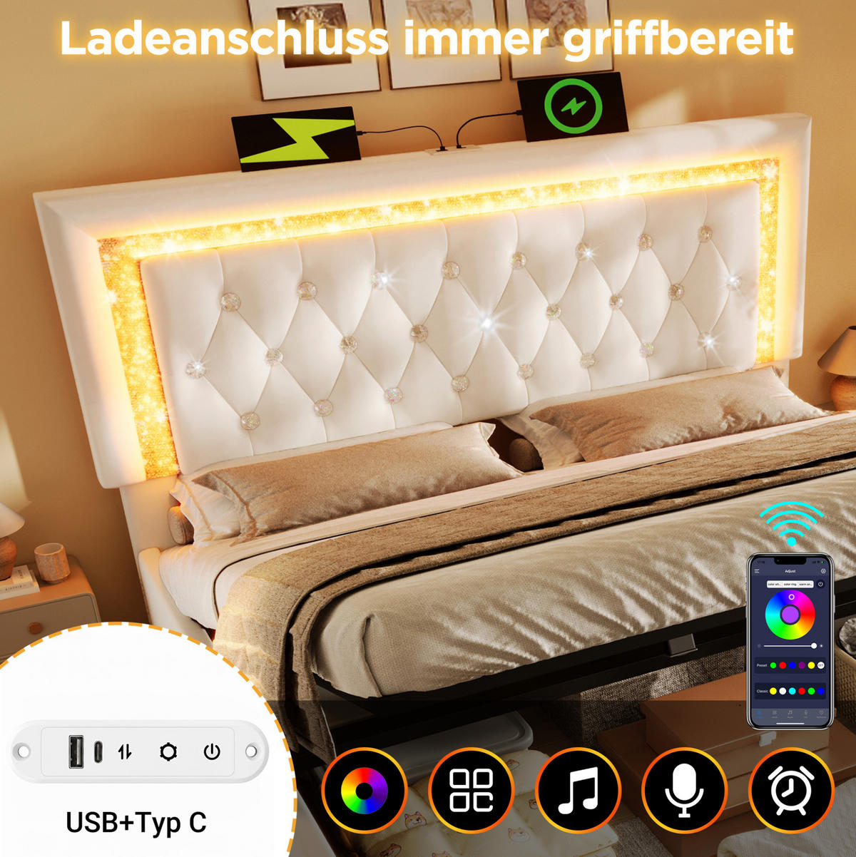 SAMT-POLSTERBETT 160/200 cm mit Bettkasten & LED-Beleuchtung in Beige - Beige, Textil (160/200cm) - BEAOK