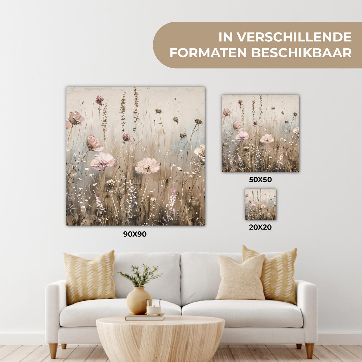 LEINWANDBILD Blumen - Rosa - Modern - Beige Wandbild Wohnzimmer 50x50 cm - Beige, Textil (50/50cm) - MuchoWow