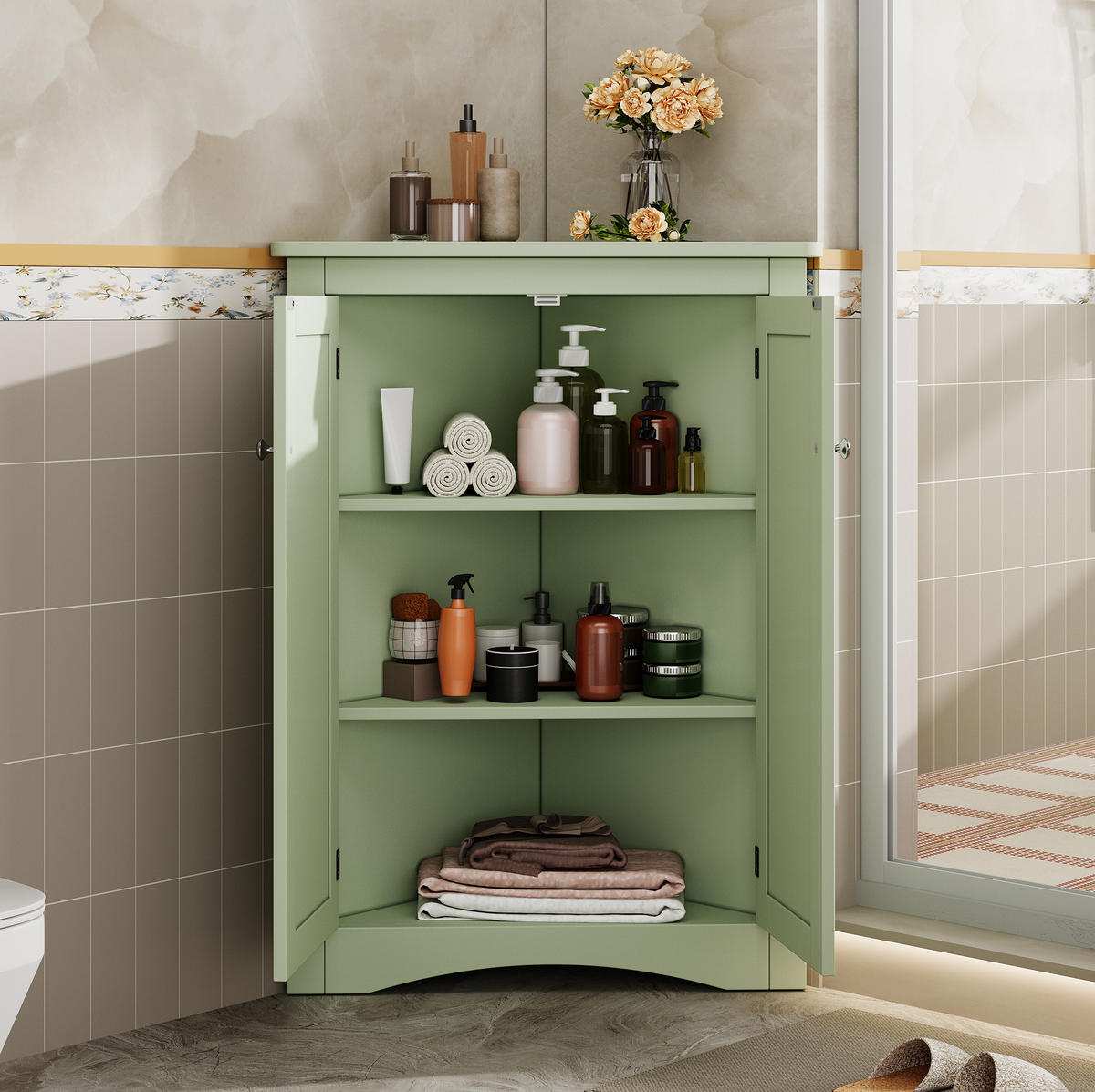 MIDISCHRANK 61,5/61,5/80 cm aus MDF mit 2 Türen und 3 Ebenen Grün - Grün, Holzwerkstoff (34.5/90/61.5cm) - Modenvie