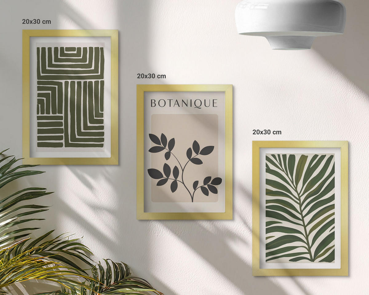 BILDER SET 3er Set - 20x30 cm Goldrahmen - Botanischer Boho-Minimalismus - Goldfarben, Kunststoff (20/30cm) - TULUP