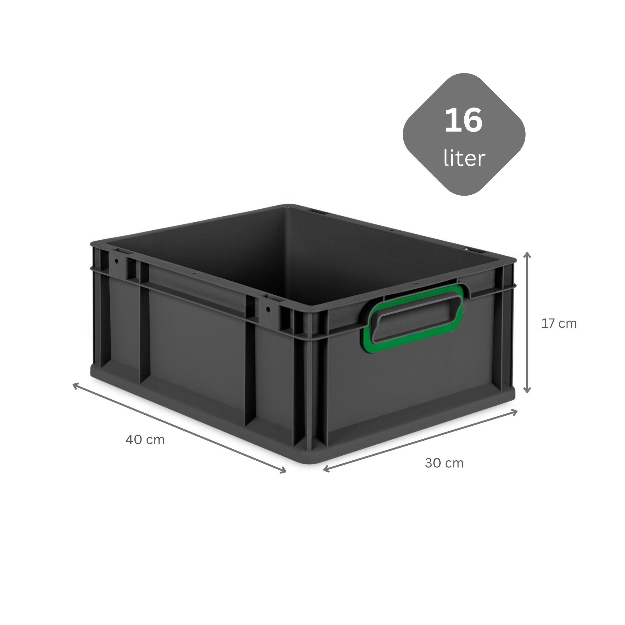 EUROBOX NextGen Color 17x30x40 cm 16 Liter Griffe grün zu, Schwarz - Schwarz/Grün, Kunststoff (30/17/40cm) - PROREGAL