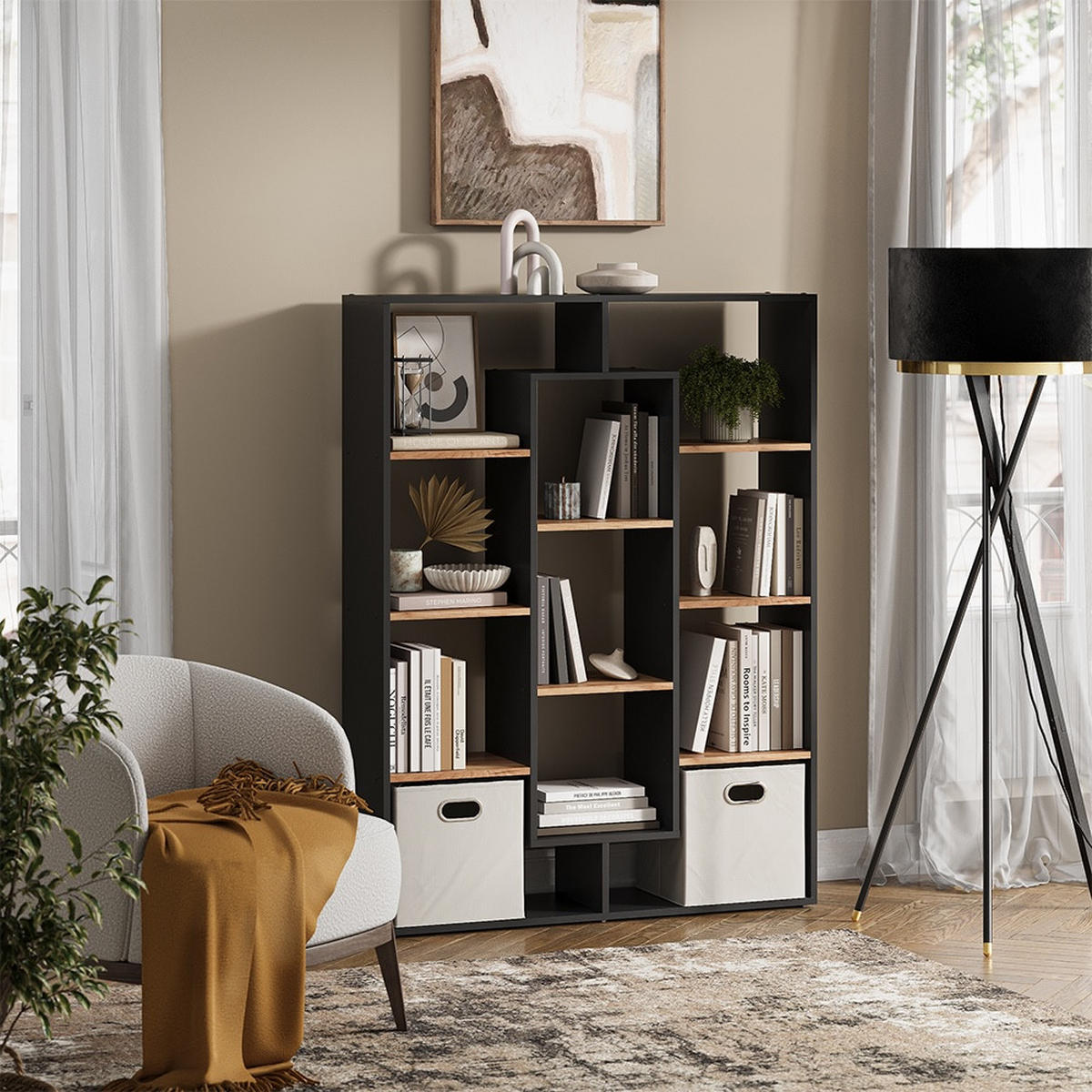 RAUMTEILER Anthrazit/Goldkraft Eiche 107.2 x 143 cm - Eichefarben/Anthrazit, Holzwerkstoff (107.2/143/29cm) - Vicco