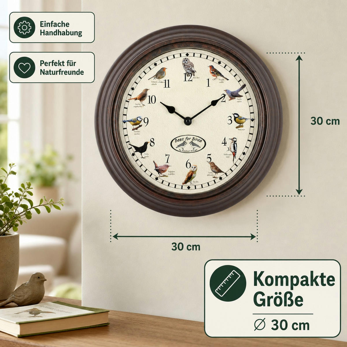 UHR mit Vogelgezwitscher - Dunkelbraun, Holz (29.8/29.8/4.5cm) - Westfalia