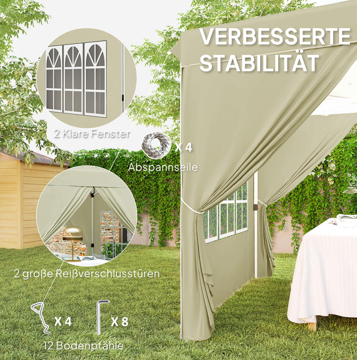 PAVILLON 248/248/270 cm cremeweiß aus Polyester höhenverstellbar - Beige, Textil (248/270/248cm) - OKWISH